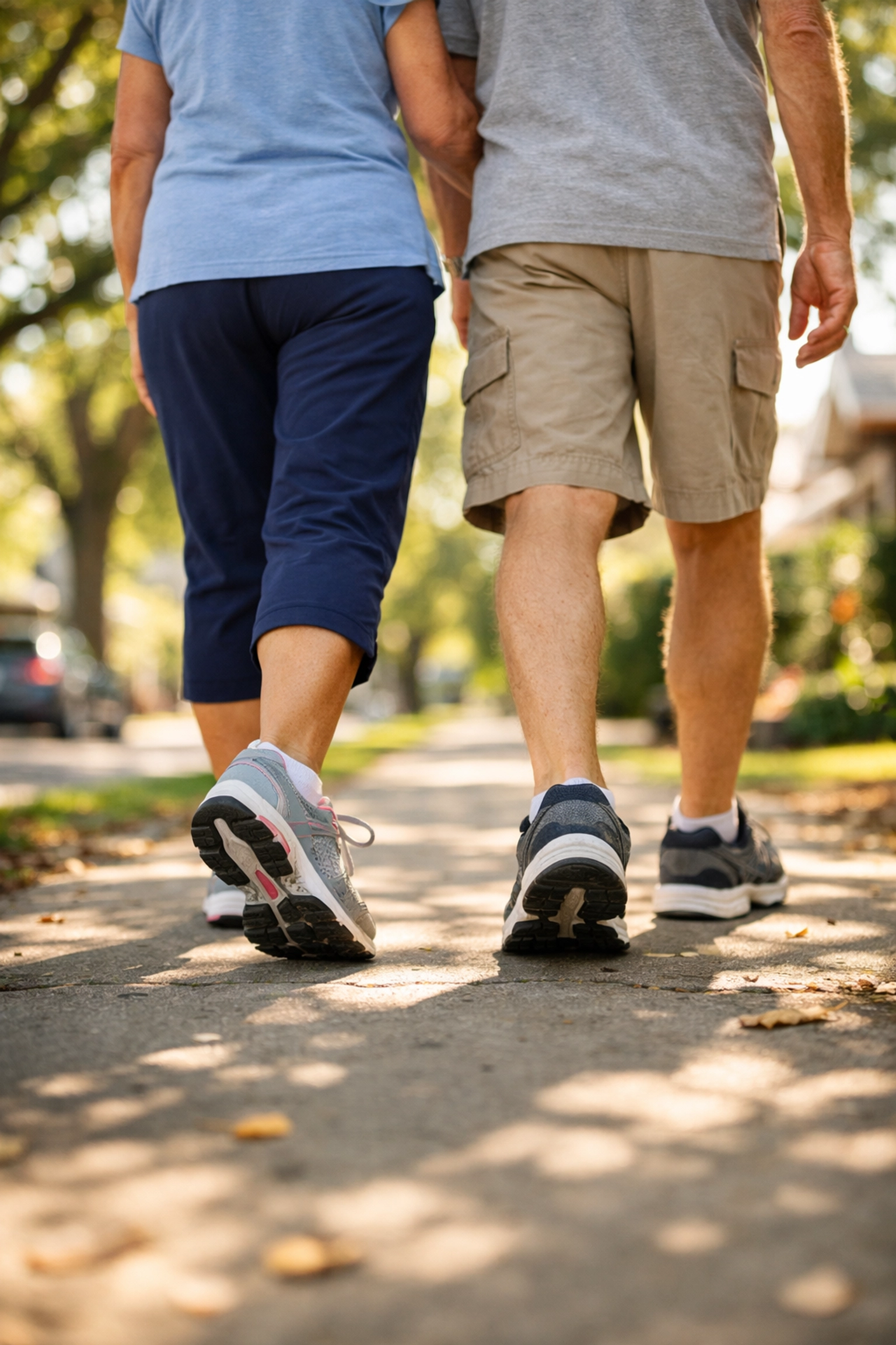 Senior couple walking together outdoors for exercise and fall prevention
