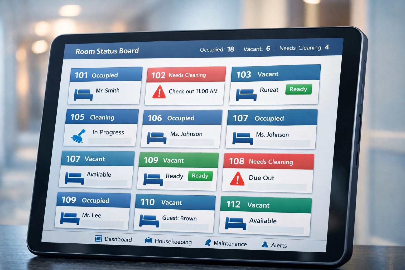 Hotel room status dashboard showing real-time availability on mobile device