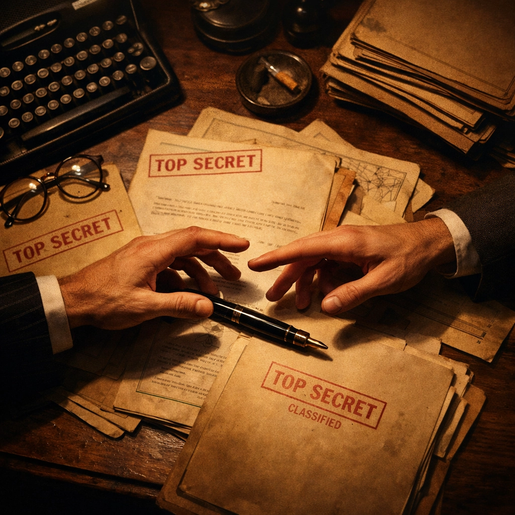 Hands of two men reaching for pen over classified documents - forbidden gay romance WWII