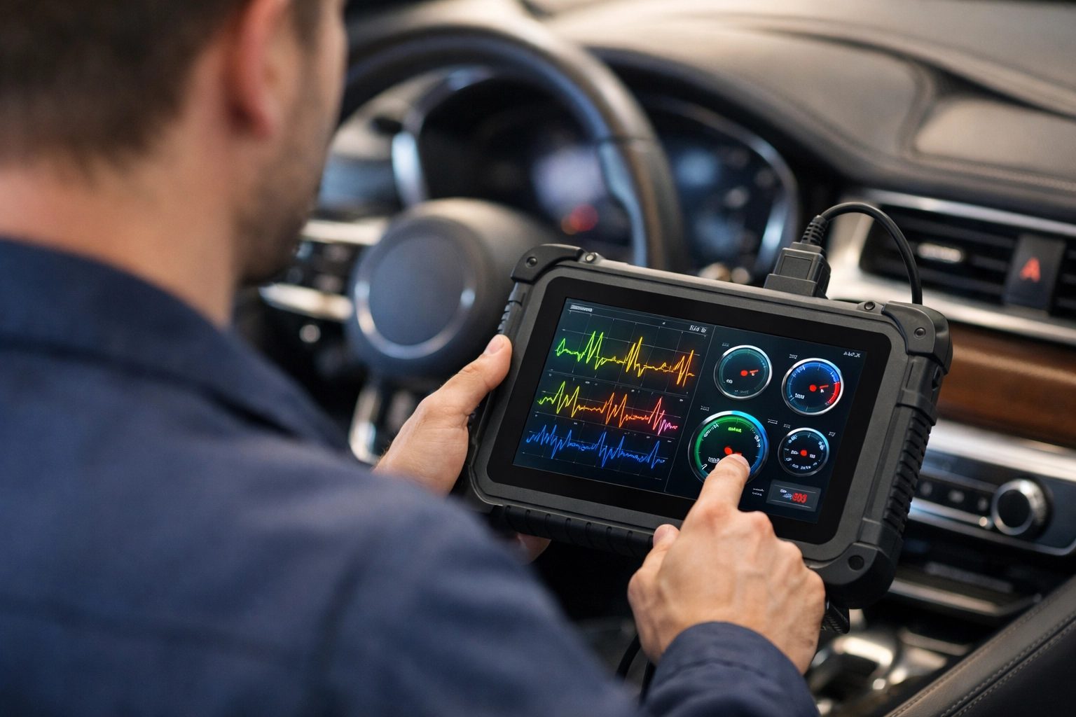 Technician using a professional diagnostic tablet to analyze engine data in a luxury European car.