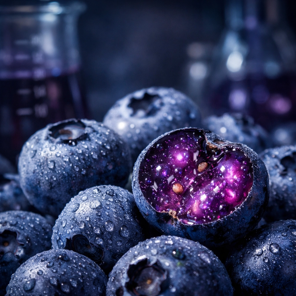 Macro of wild blueberries rich in anthocyanins to reduce neuro-inflammation and boost brain health.