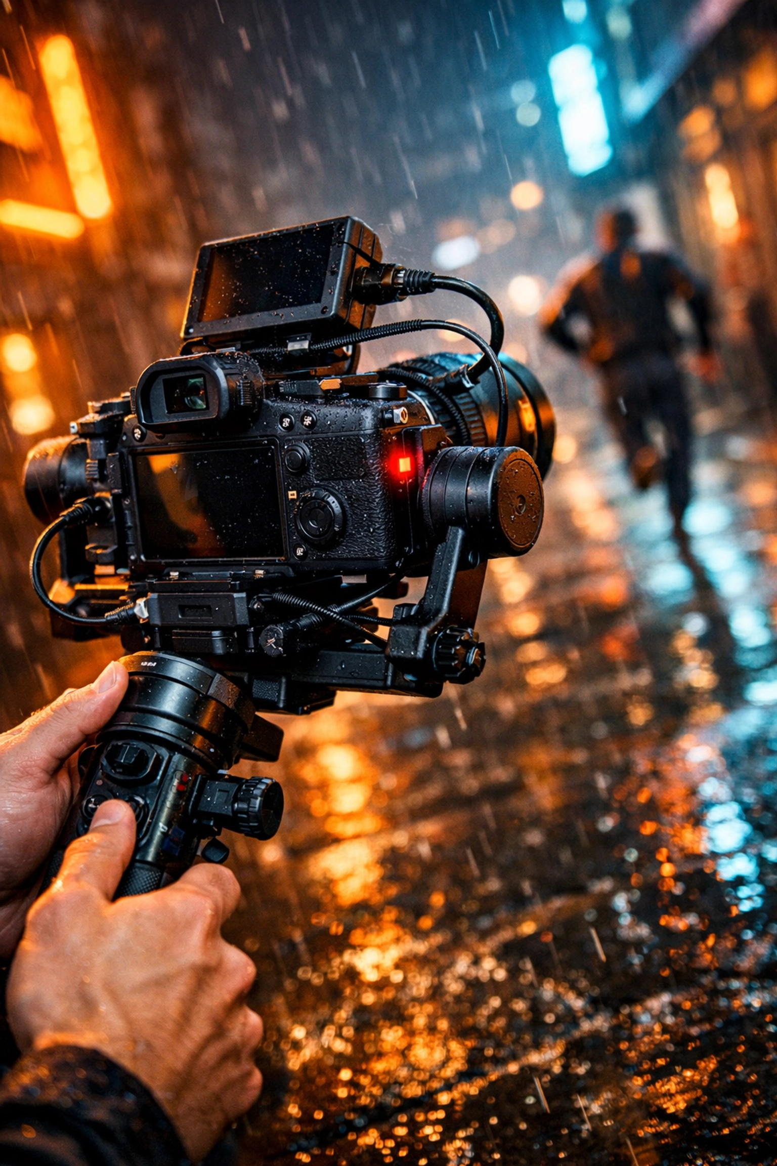 Modern mirrorless camera on a gimbal capturing cinematic video in a neon urban alleyway.