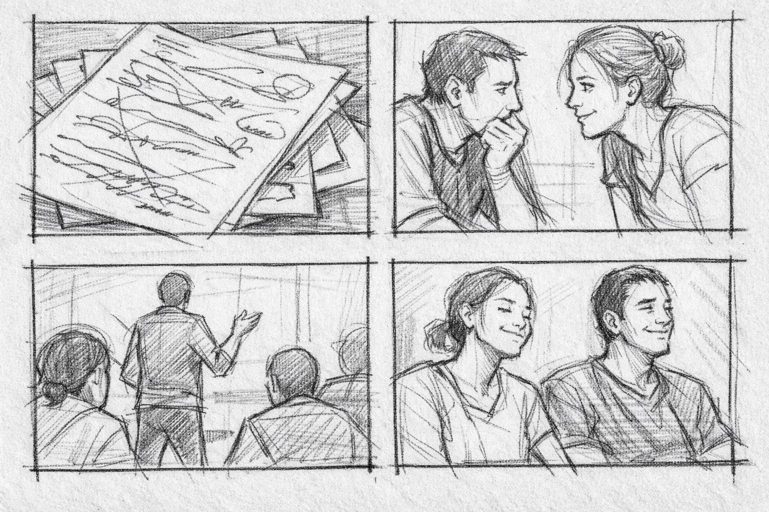 Storyboard sketch: signals of progress in 4 panels—marked-up pages, deep listening, a risk taken, a subtle breakthrough