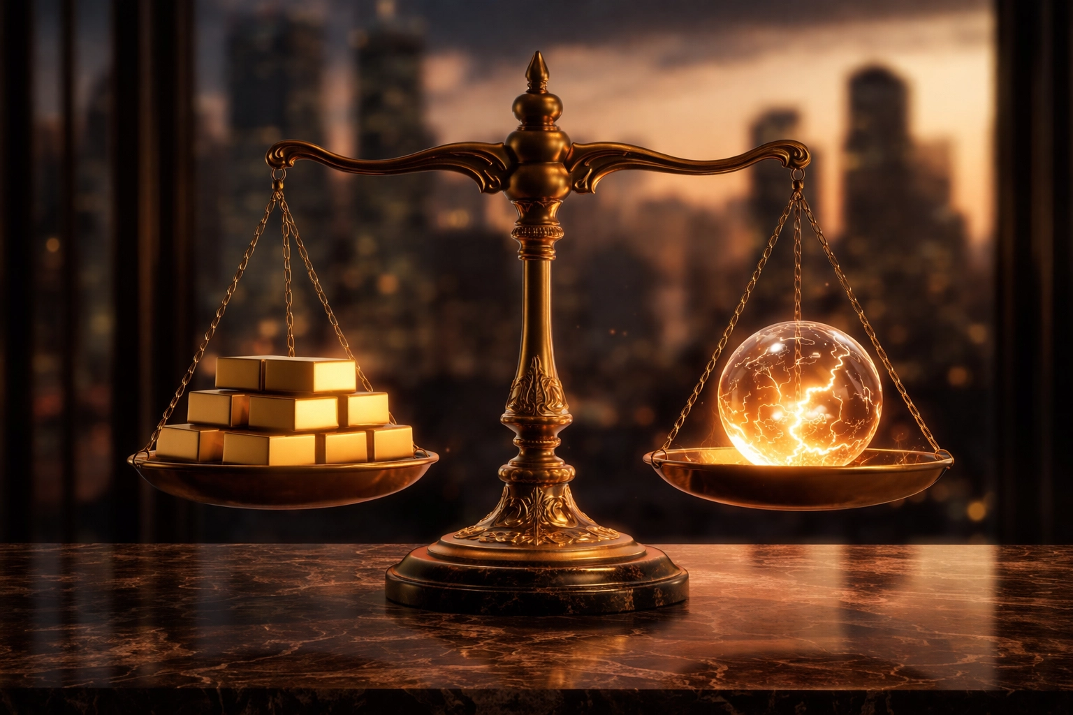 Golden balance scale representing the trade-off between high returns and risk in alternative investments for accredited investors
