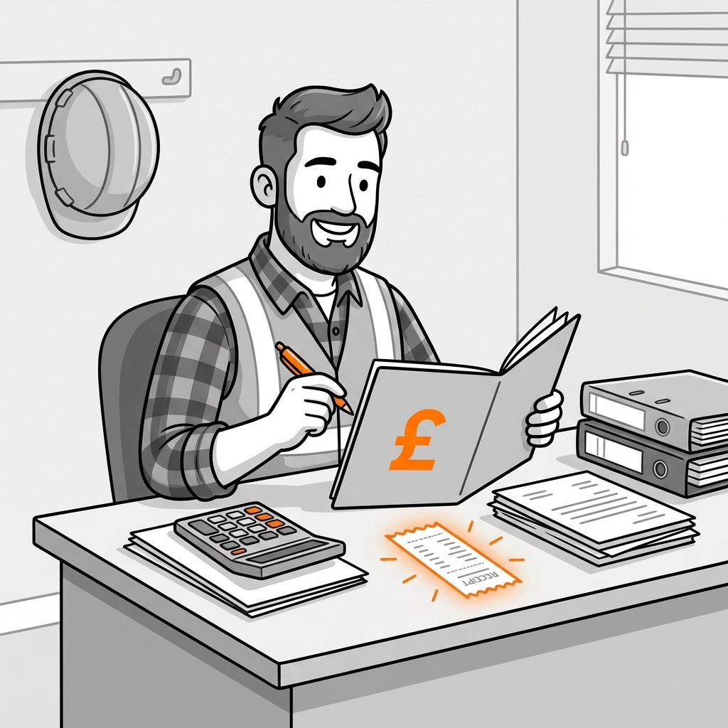 Subcontractor with organised paperwork at desk, demonstrating record-keeping for CIS tax refunds