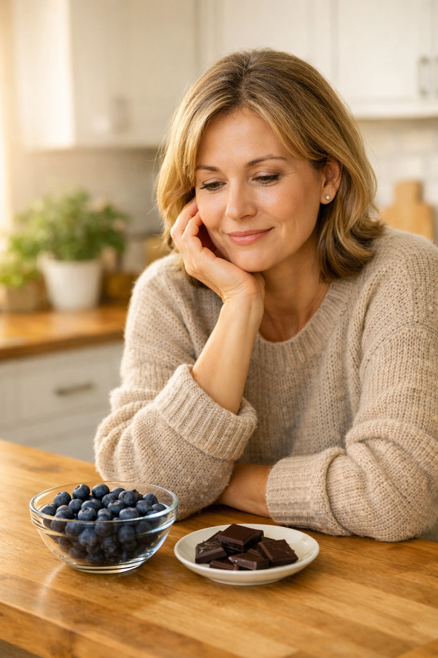 Midlife woman selecting healthy berries and dark chocolate for perimenopause hormone balance.