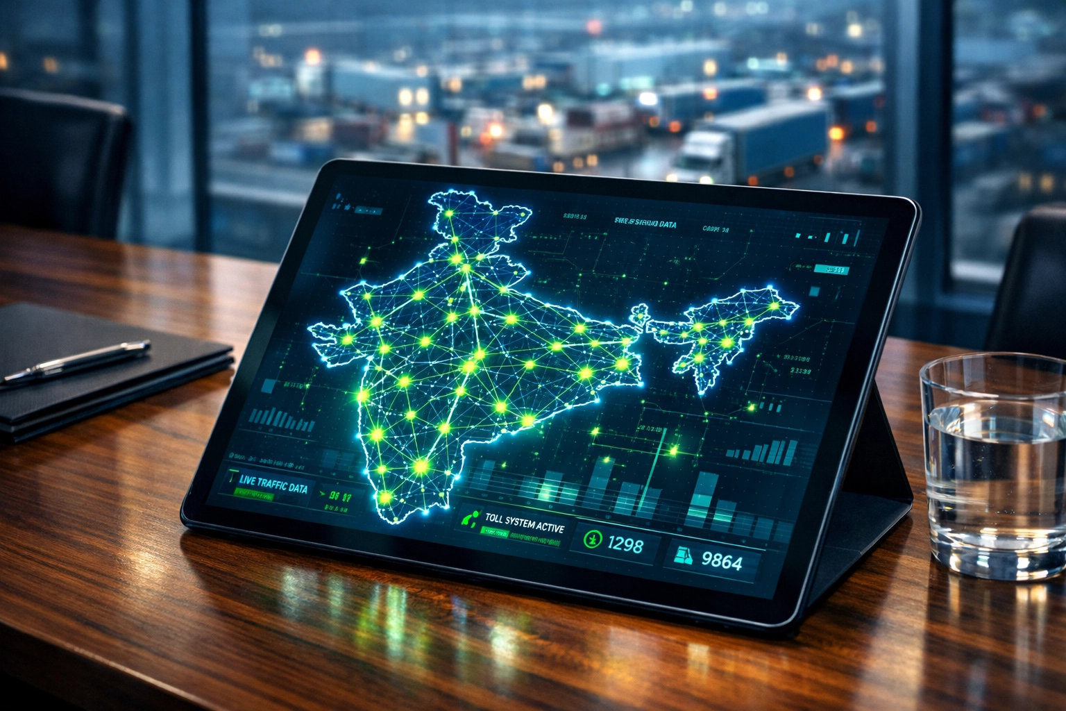 Tablet showing real-time logistics data and highway routes under India’s new digital toll system.