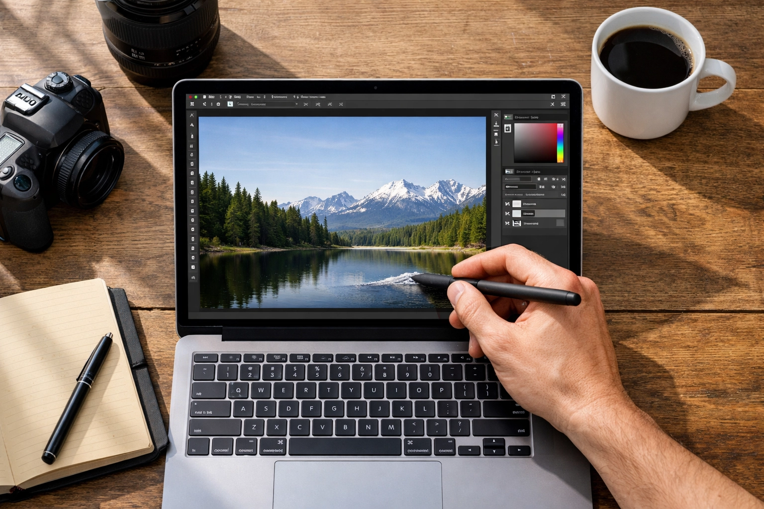 A photographer’s desk featuring generative AI editing to add a mountain range to a landscape on a laptop.