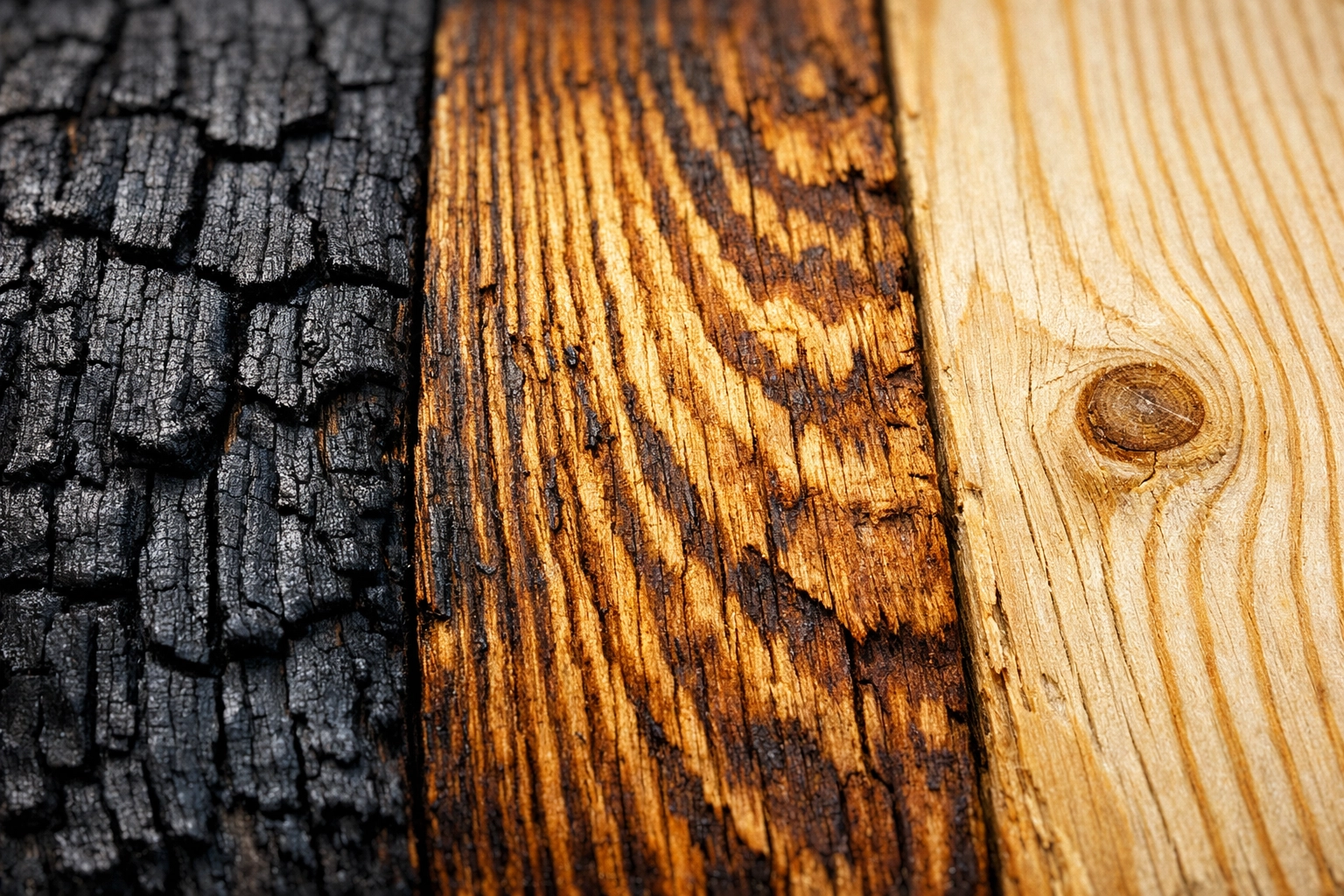 Close-up of heavy-burn, light-burn, and raw wood grain finishes on a rustic American flag.