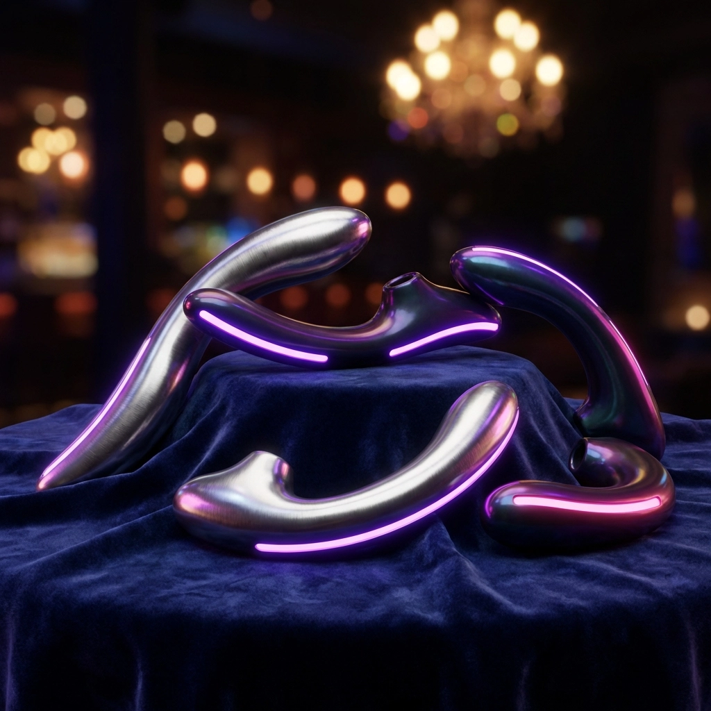Futuristic AI-powered sex toys arranged on velvet, illustrating smart pleasure innovation for better sex life
