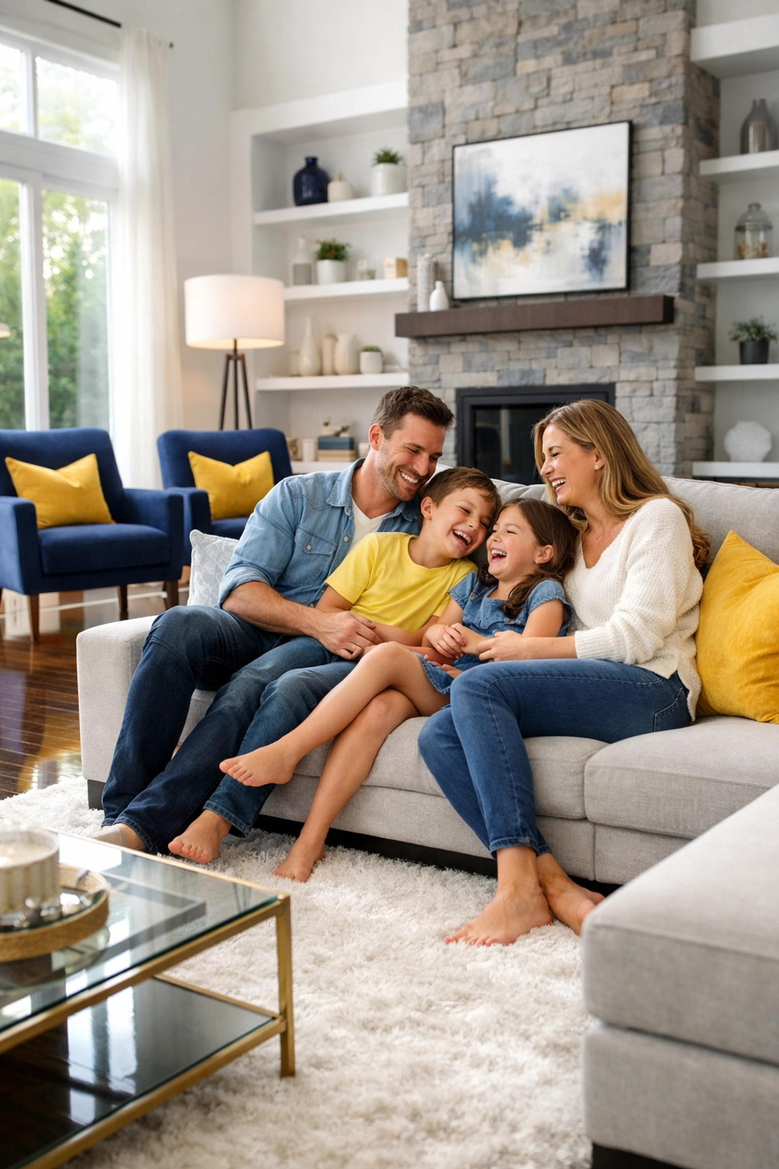 Happy family enjoying a spotless living room in Mansfield after weekly house cleaning Mansfield MA.