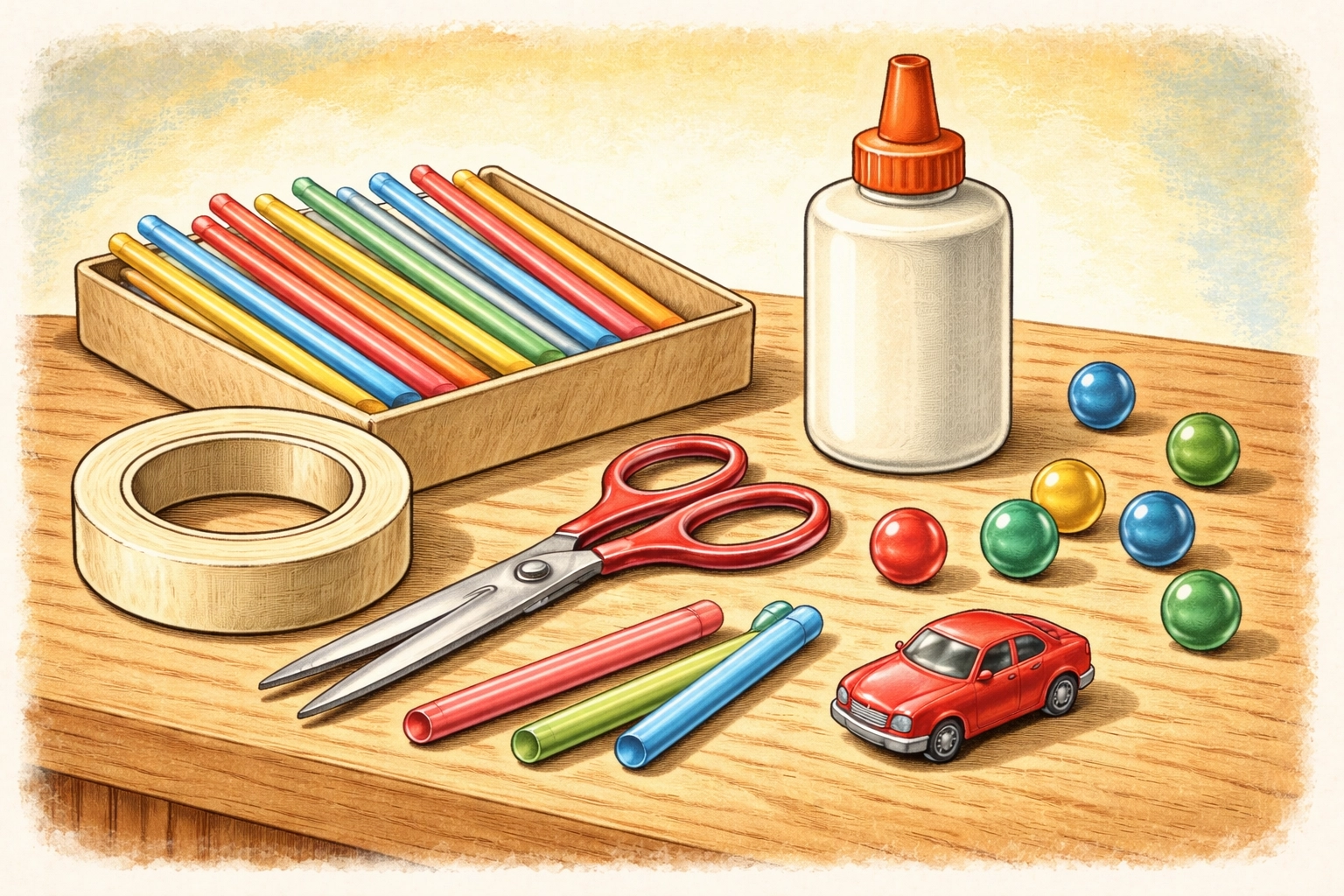 DIY marble maze craft supplies including straws, box lid, glue, marbles, and toy cars on a table