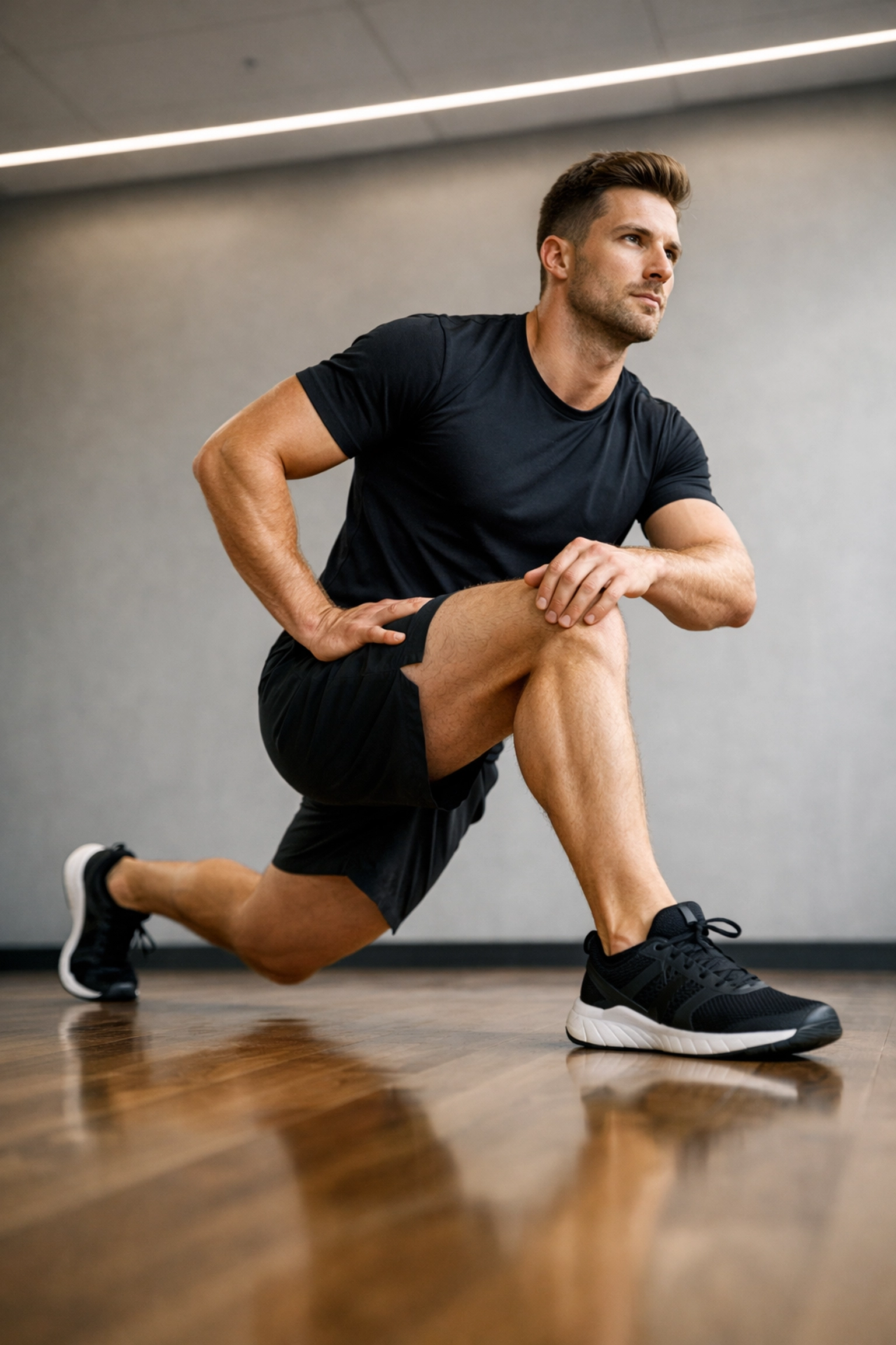 Male athlete performing a functional lunge to demonstrate active recovery and sports performance.