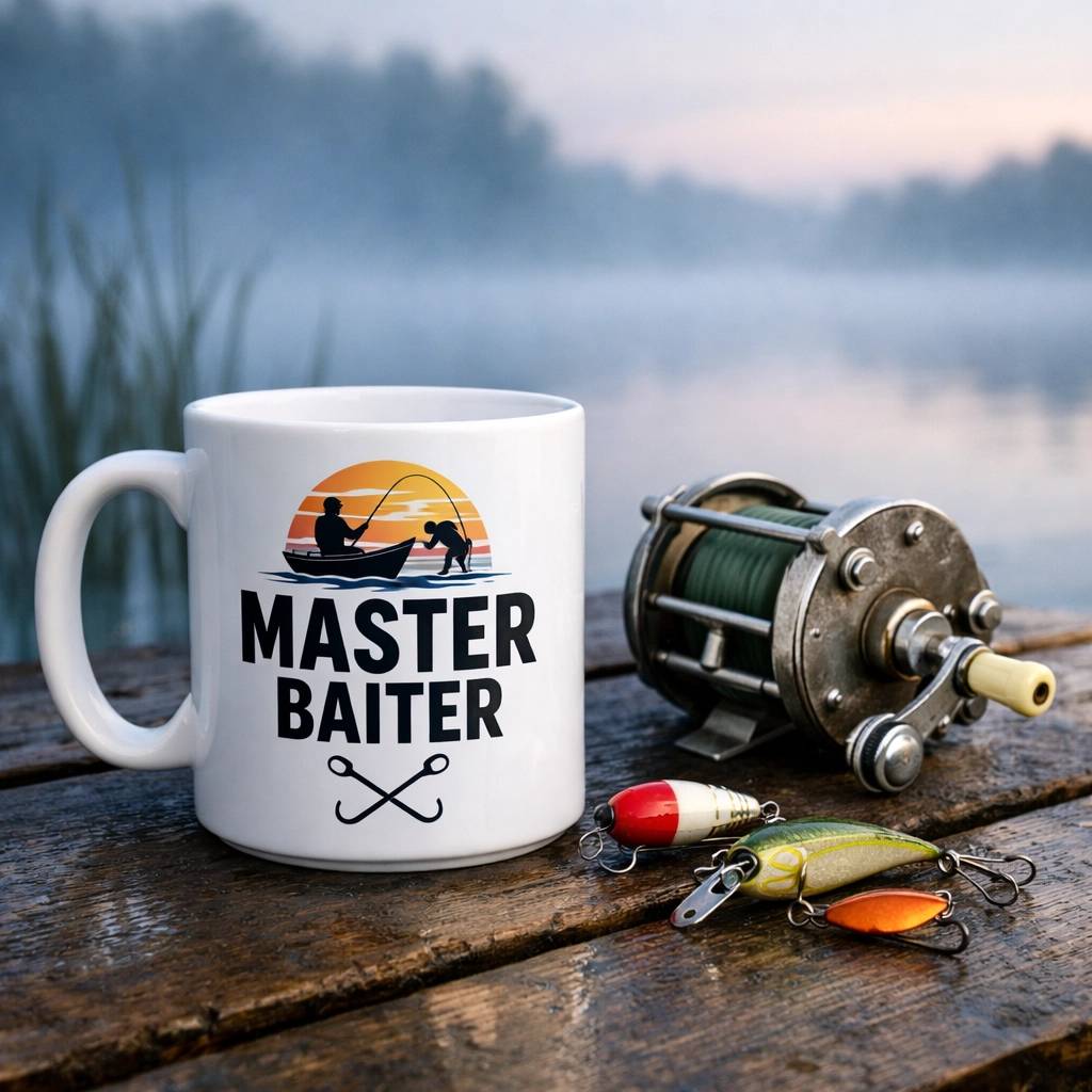 A funny fishing-themed ceramic mug on a misty lake pier, representing high-quality novelty gifts for men.