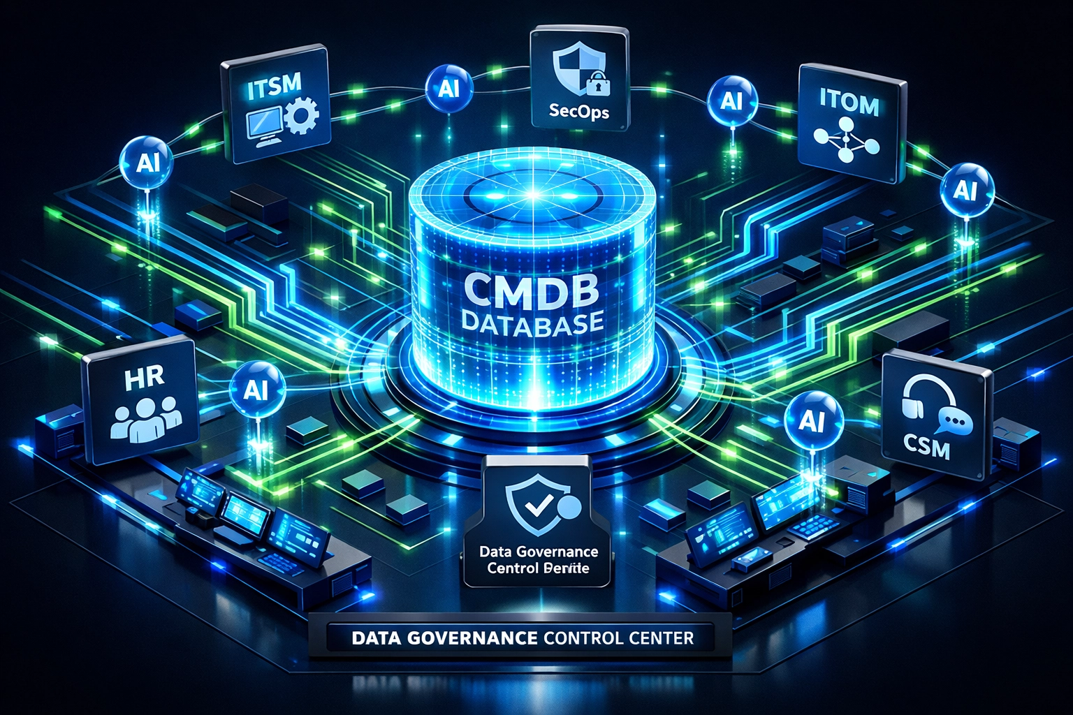 ServiceNow CMDB data governance framework with organized ITOM modules and AI-driven automation pathways