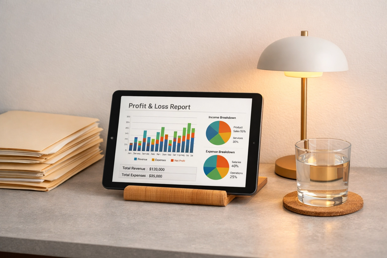 Profit and Loss report with expense categories displayed on tablet