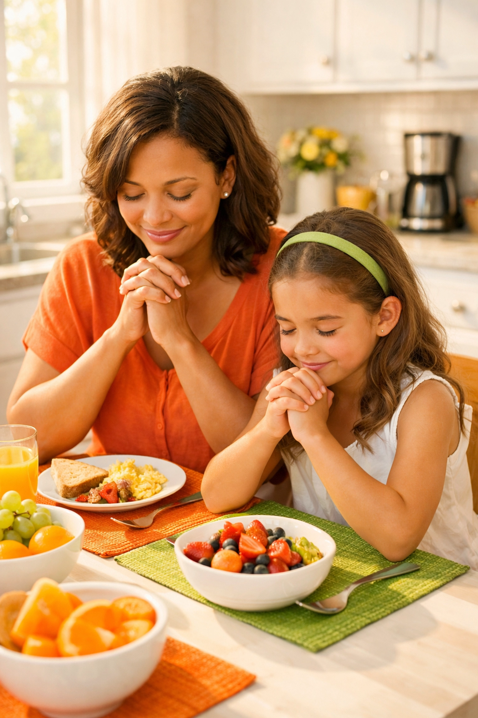 Mother and daughter praying together at breakfast table teaching Christian life skills daily