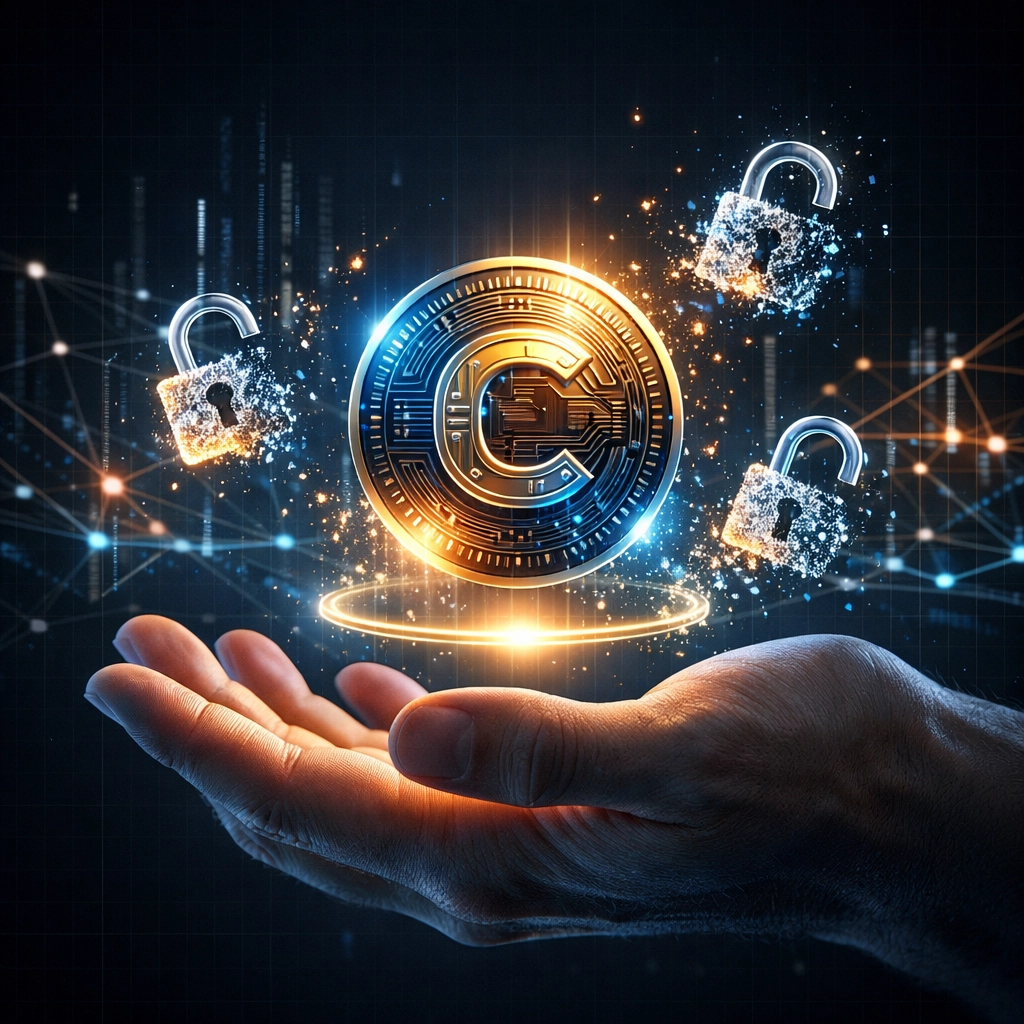 Merchant holding crypto receivables token with unlocking custody controls and blockchain network