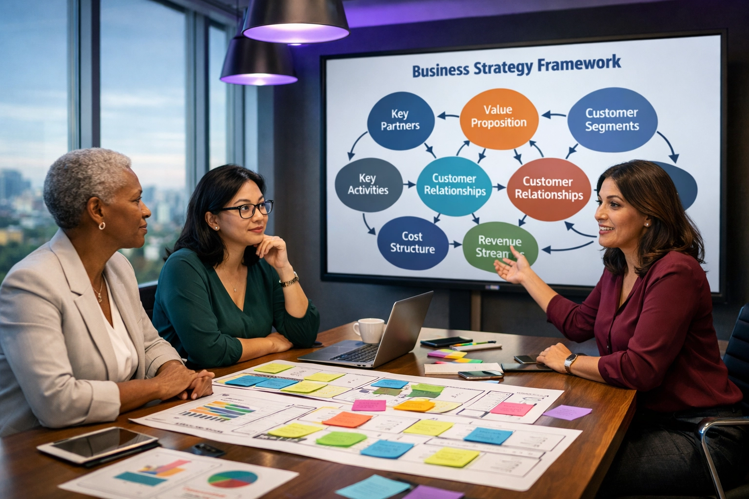 Diverse women professionals collaborating on business strategy and organizational development frameworks