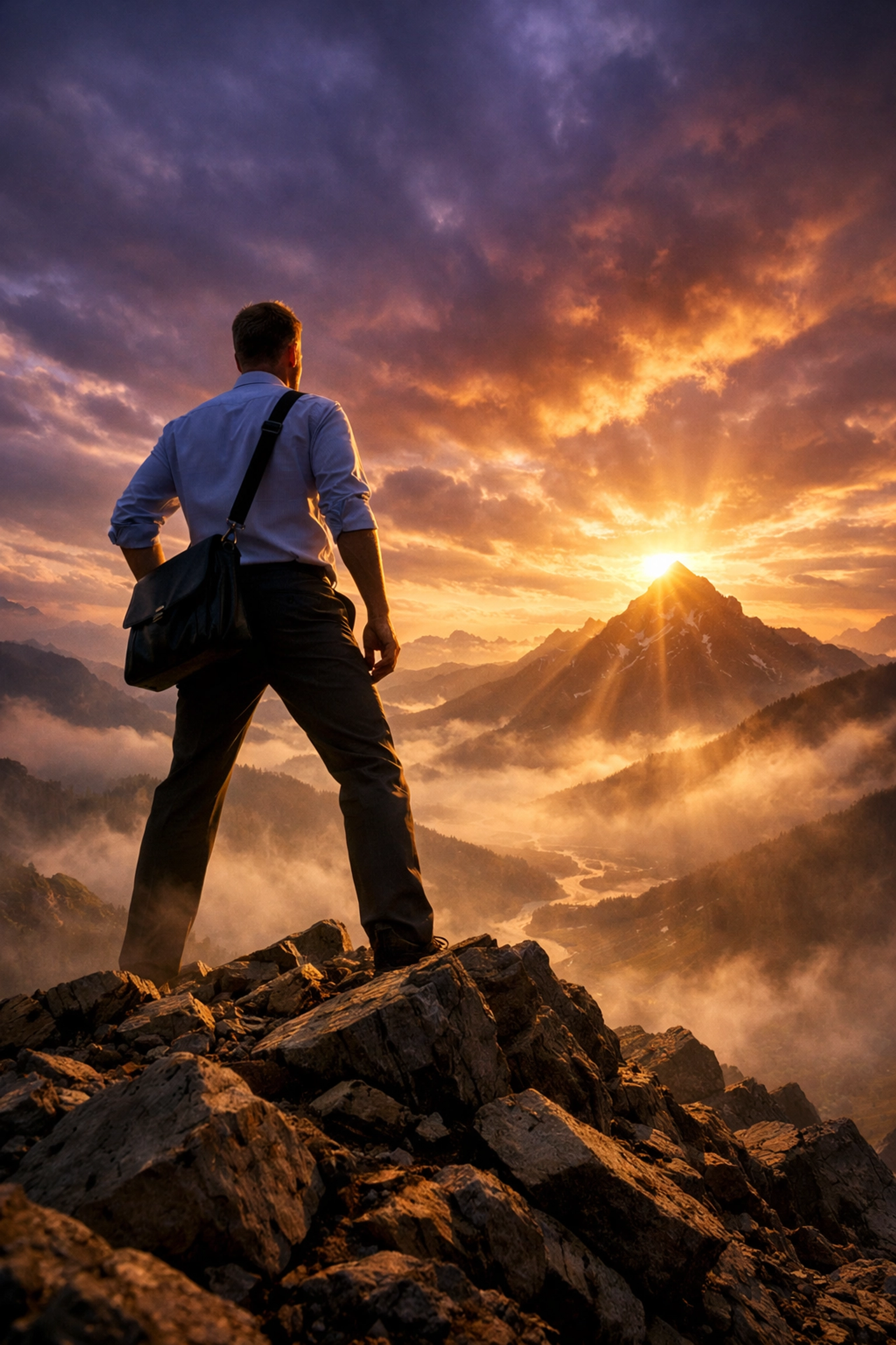 A professional standing on a mountain ridge at sunrise, illustrating a visionary entrepreneurial mindset.
