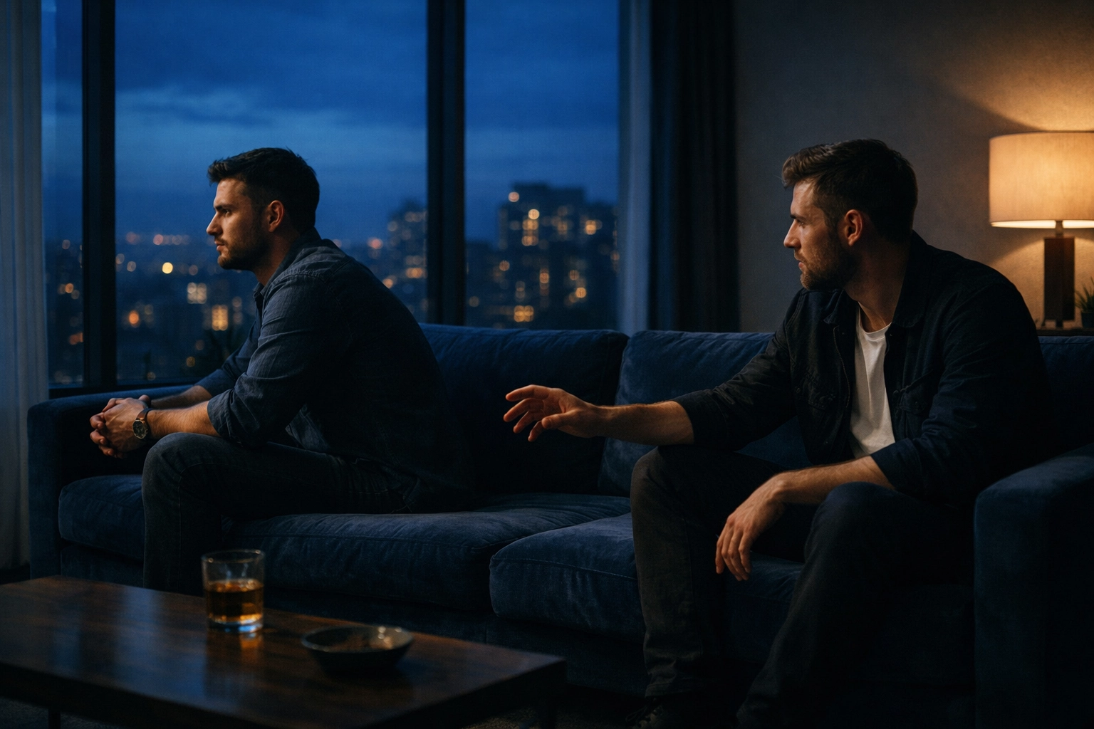 A gay couple sitting on opposite ends of a sofa, illustrating emotional distance and queer attachment styles.