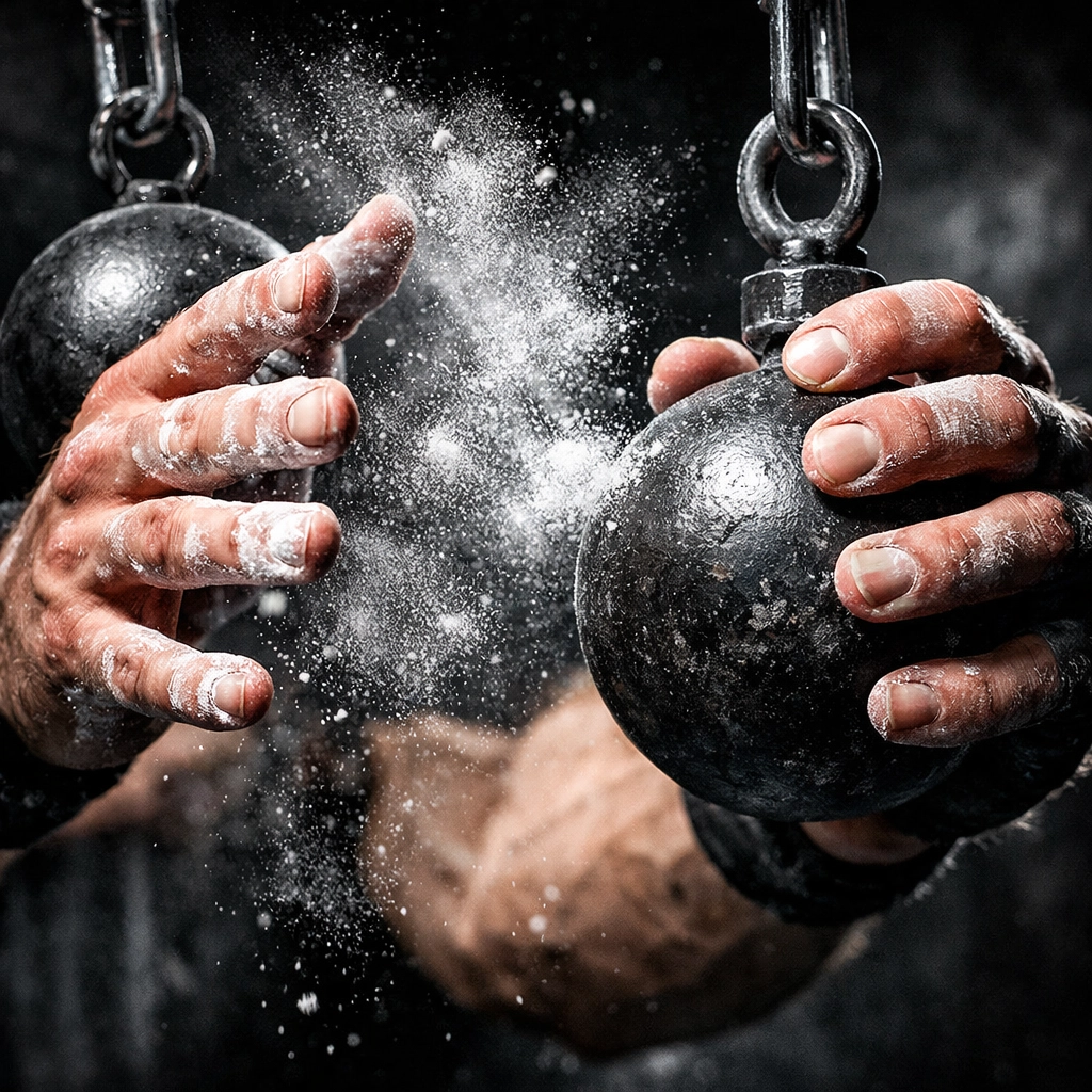 Chalk-covered athlete hands using cannonball grips on a crossfit home gym for grip strength mastery.