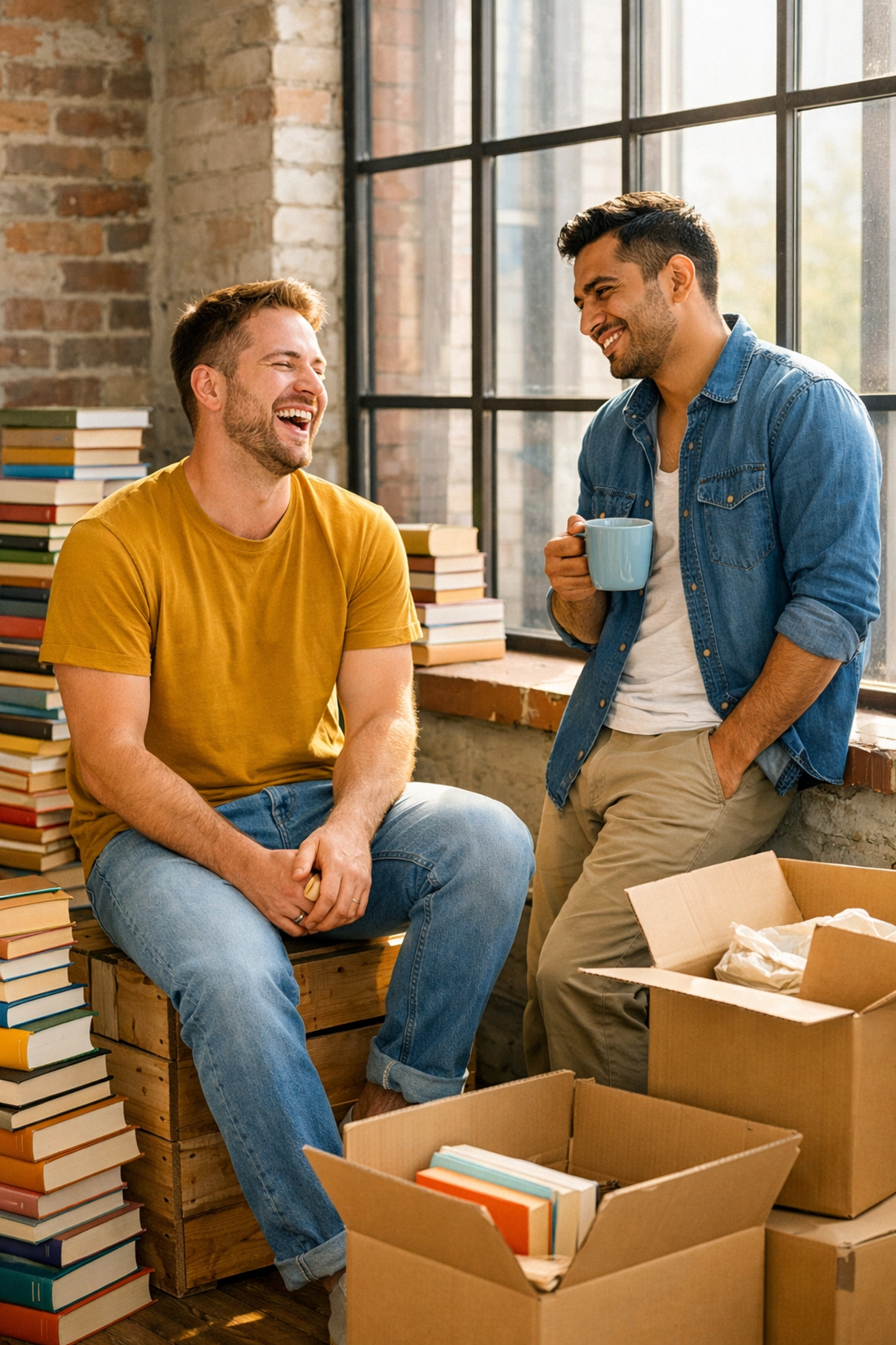 A gay couple celebrating moving in together in a loft filled with books, a key life milestone in 2026.