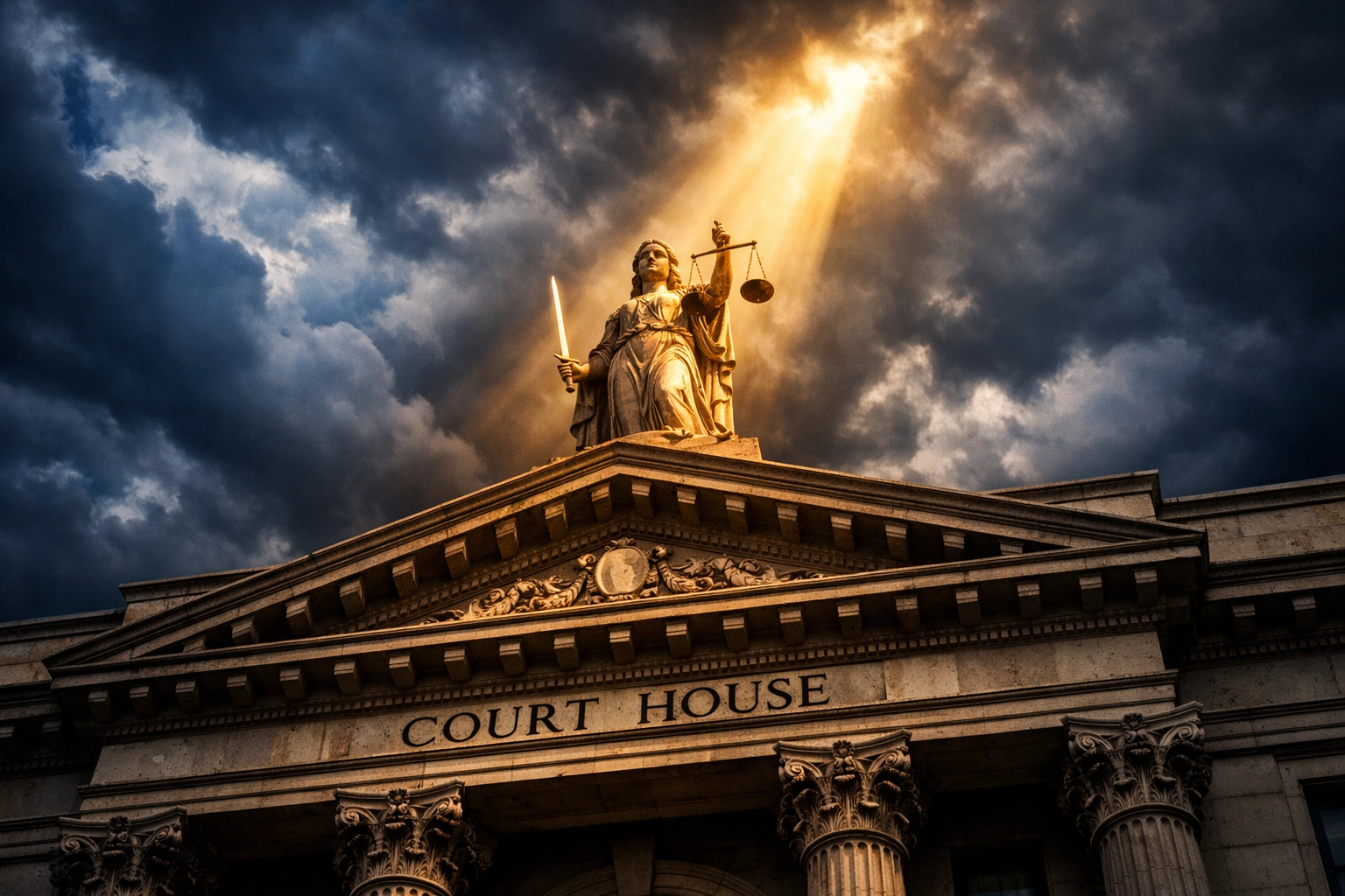 Sunlight illuminating a statue of justice on a courthouse facade, representing accountability.