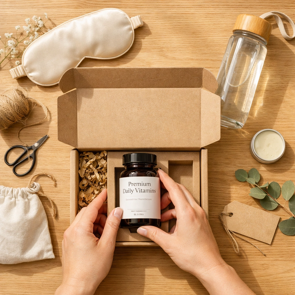 Hands assembling an eco-friendly subscription box with vitamins and personalized lifestyle add-on products.