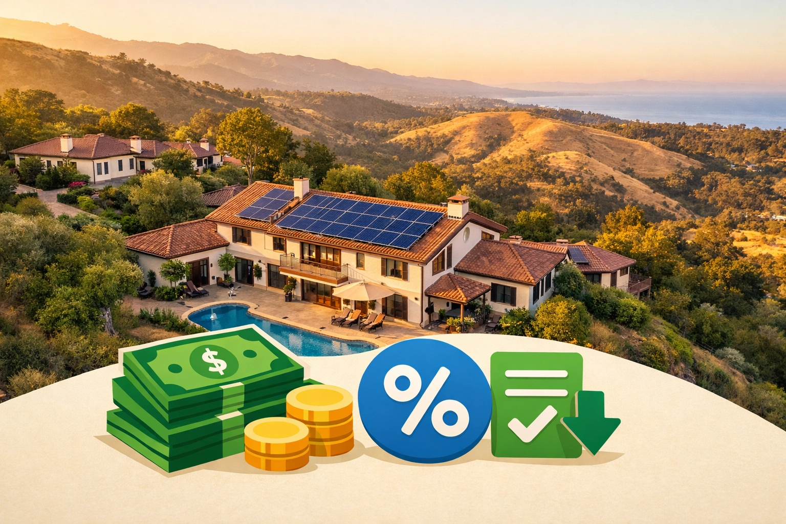 Santa Barbara hillside home with solar panels in fire zone area showing potential rebate savings