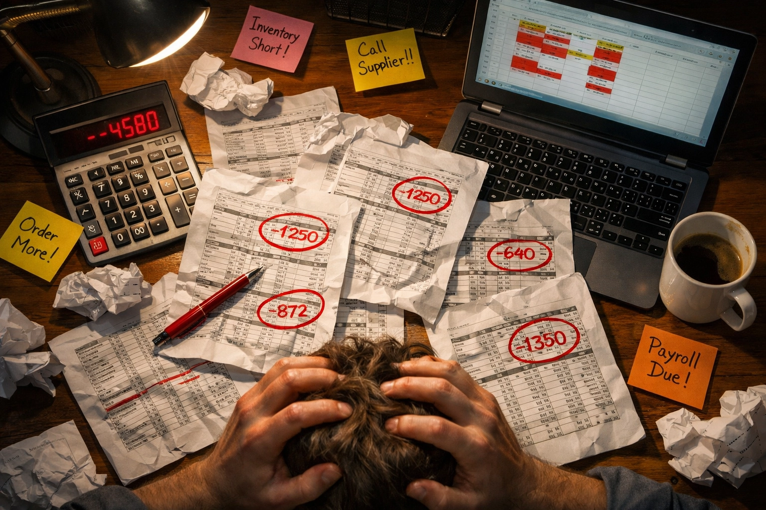 Restaurant manager stressed over spreadsheets showing negative food costs and poor financial tracking