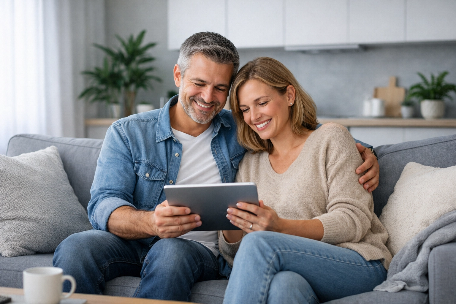 Relieved couple using a tablet to bridge the gap with an instant approval loan.