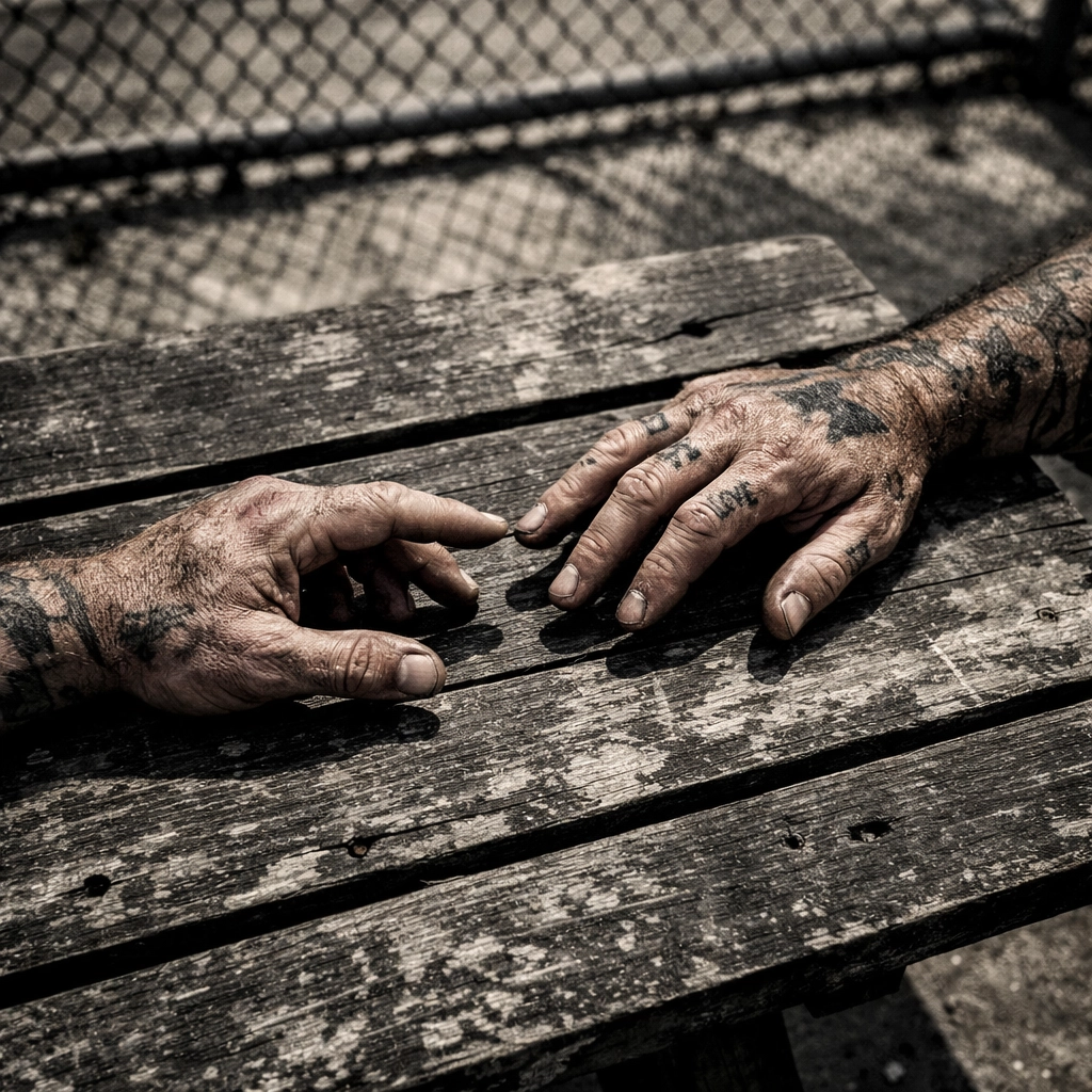 Two gay men's hands reaching toward each other in prison yard symbolizing connection