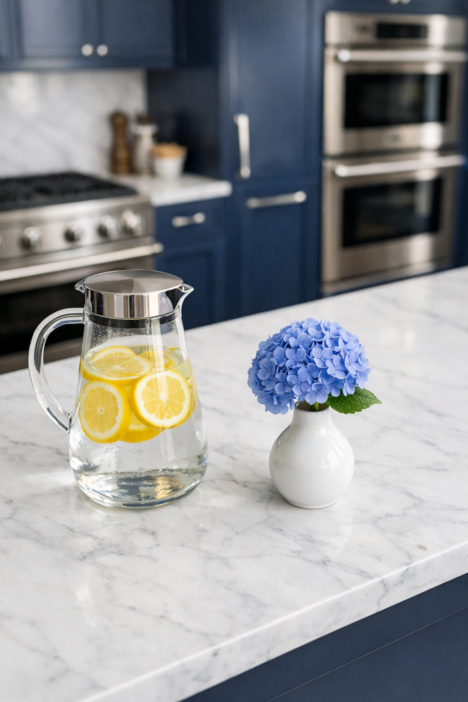 Sanitized marble kitchen island and organized surfaces in a professionally cleaned home.