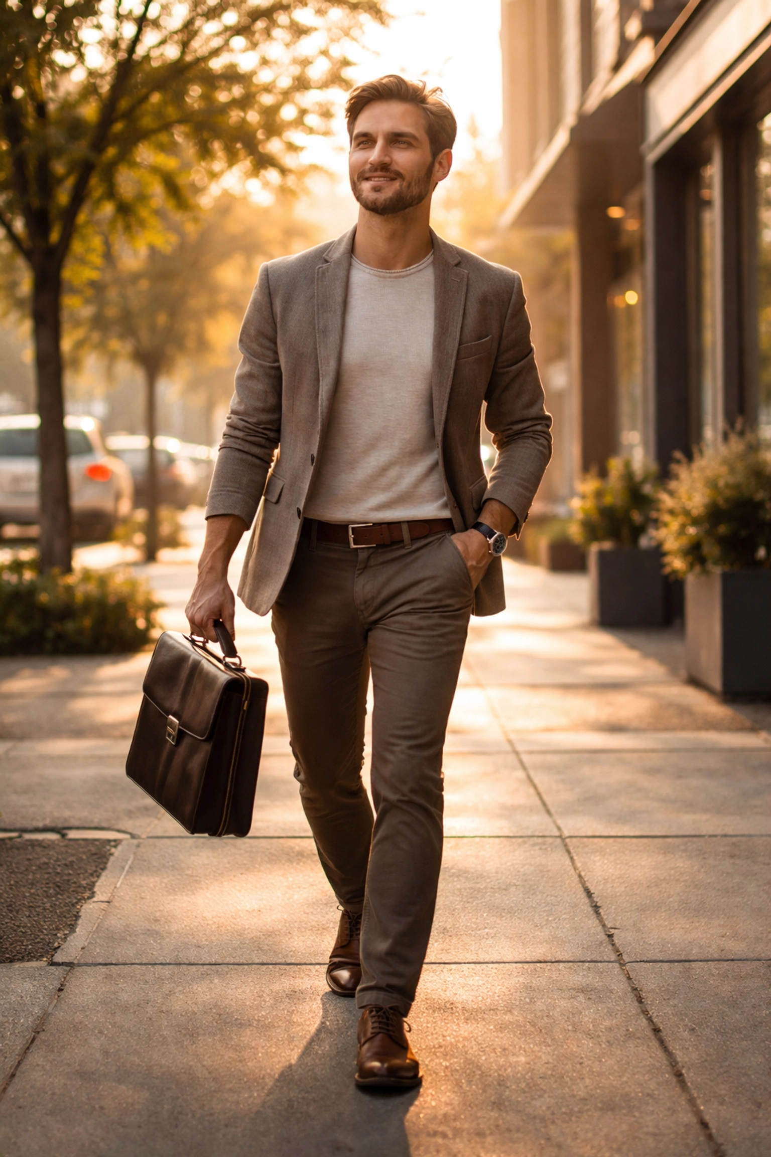 Business owner walking confidently in morning light, representing clarity and direction after strategic planning