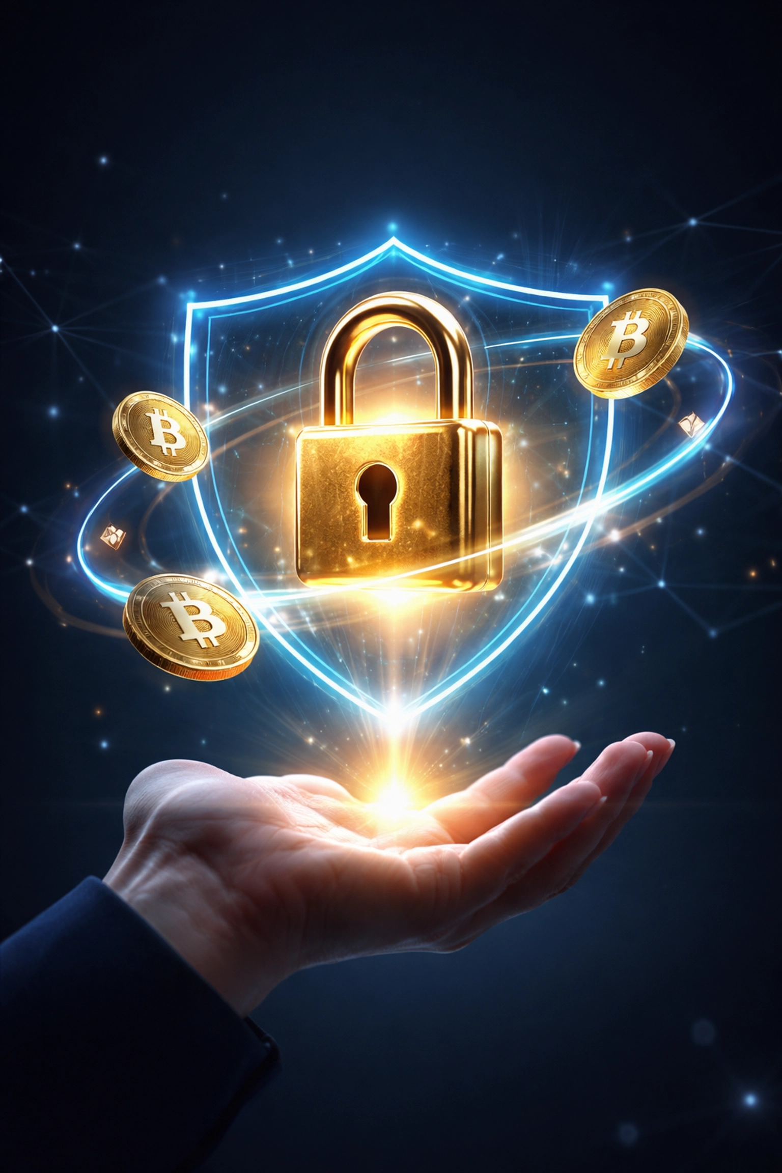 Illustration of a golden padlock above an open hand with crypto coins, representing Larecoin self-custody and secure Web3 payments.