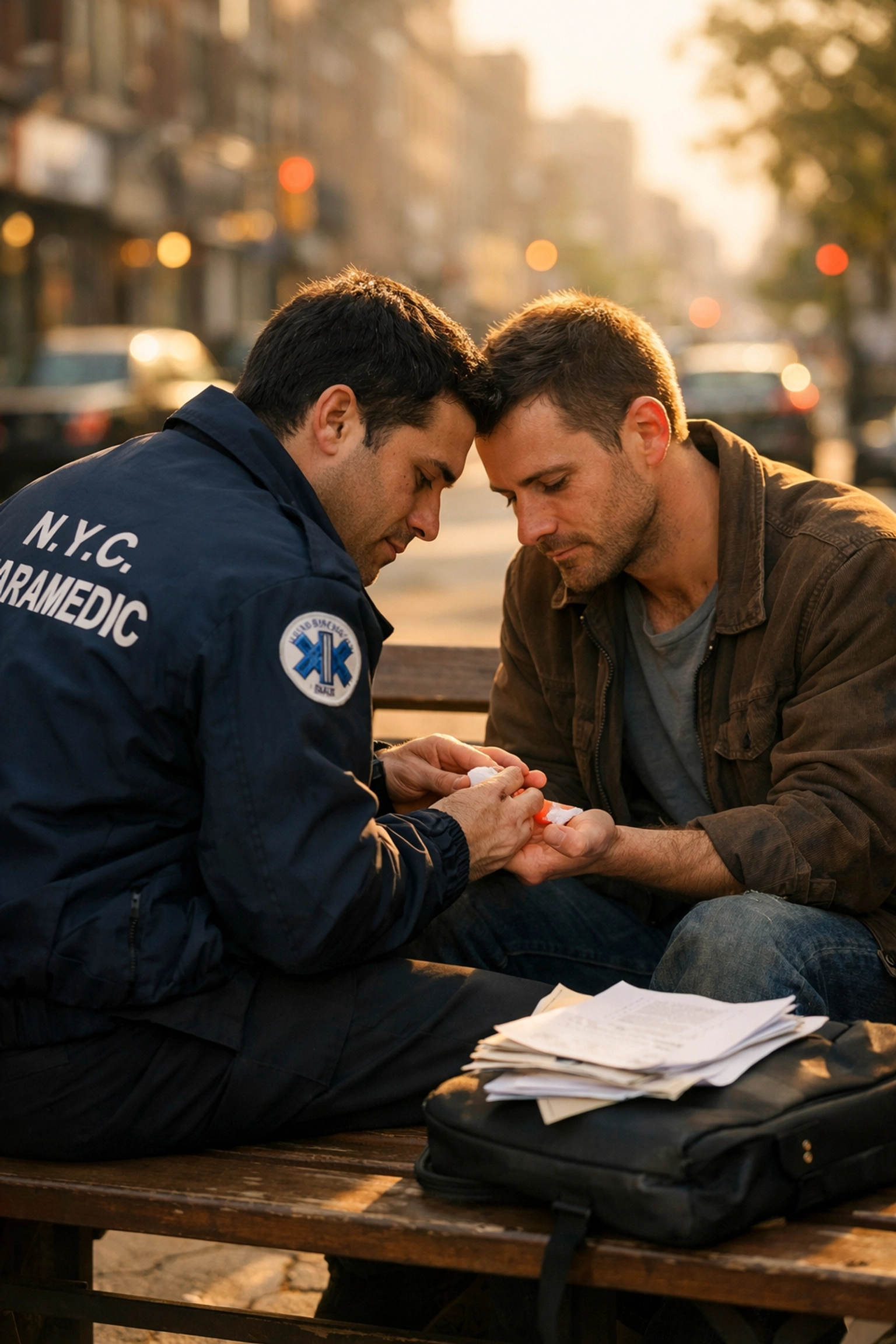 Paramedic tenderly treating injured man on Brooklyn bench - MM romance hurt comfort moment