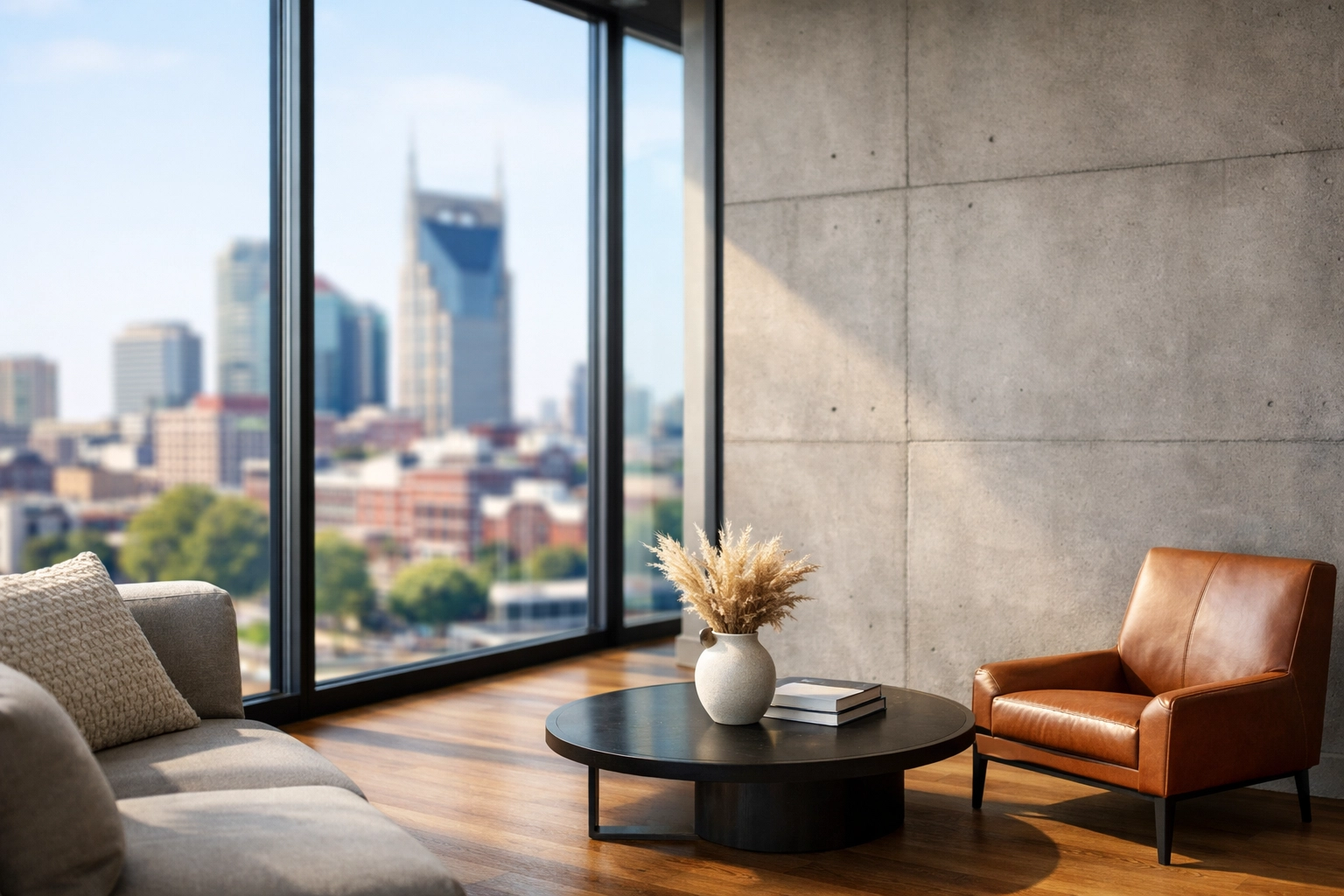 Modern Nashville condo interior with floor-to-ceiling windows and city views, sold as-is.