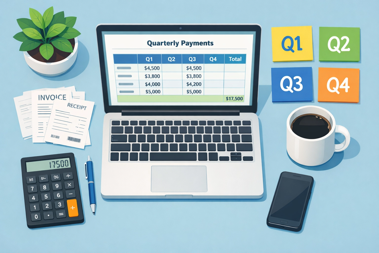 Organized workspace with quarterly tax calculations and payment schedule