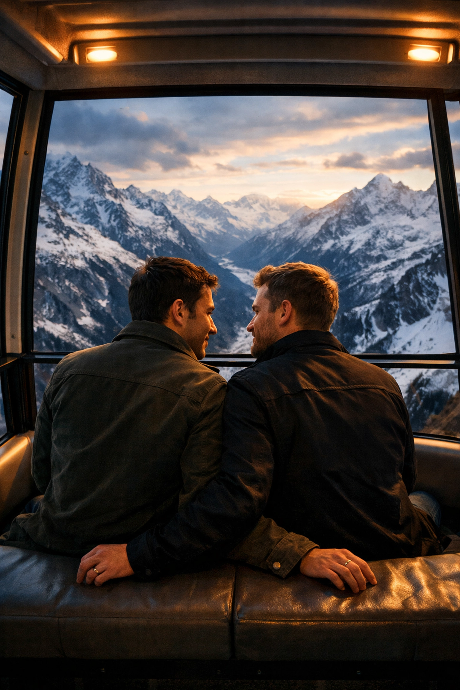 Gay couple in Swiss Alps gondola sharing intimate moment over mountain peaks