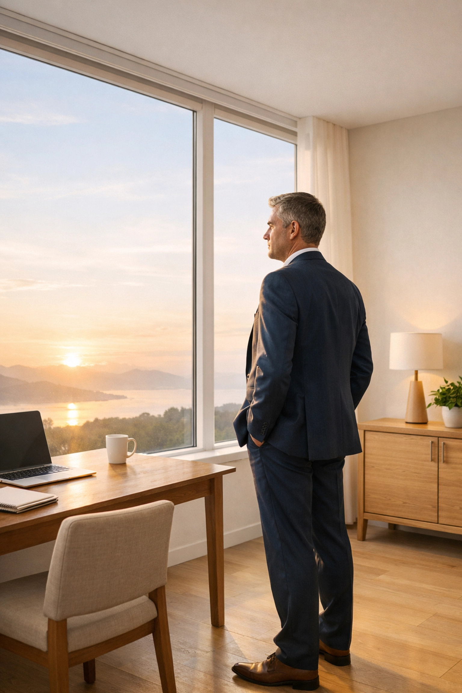 A calm leader overlooking a morning horizon, representing spiritual clarity and leadership diligent peace.