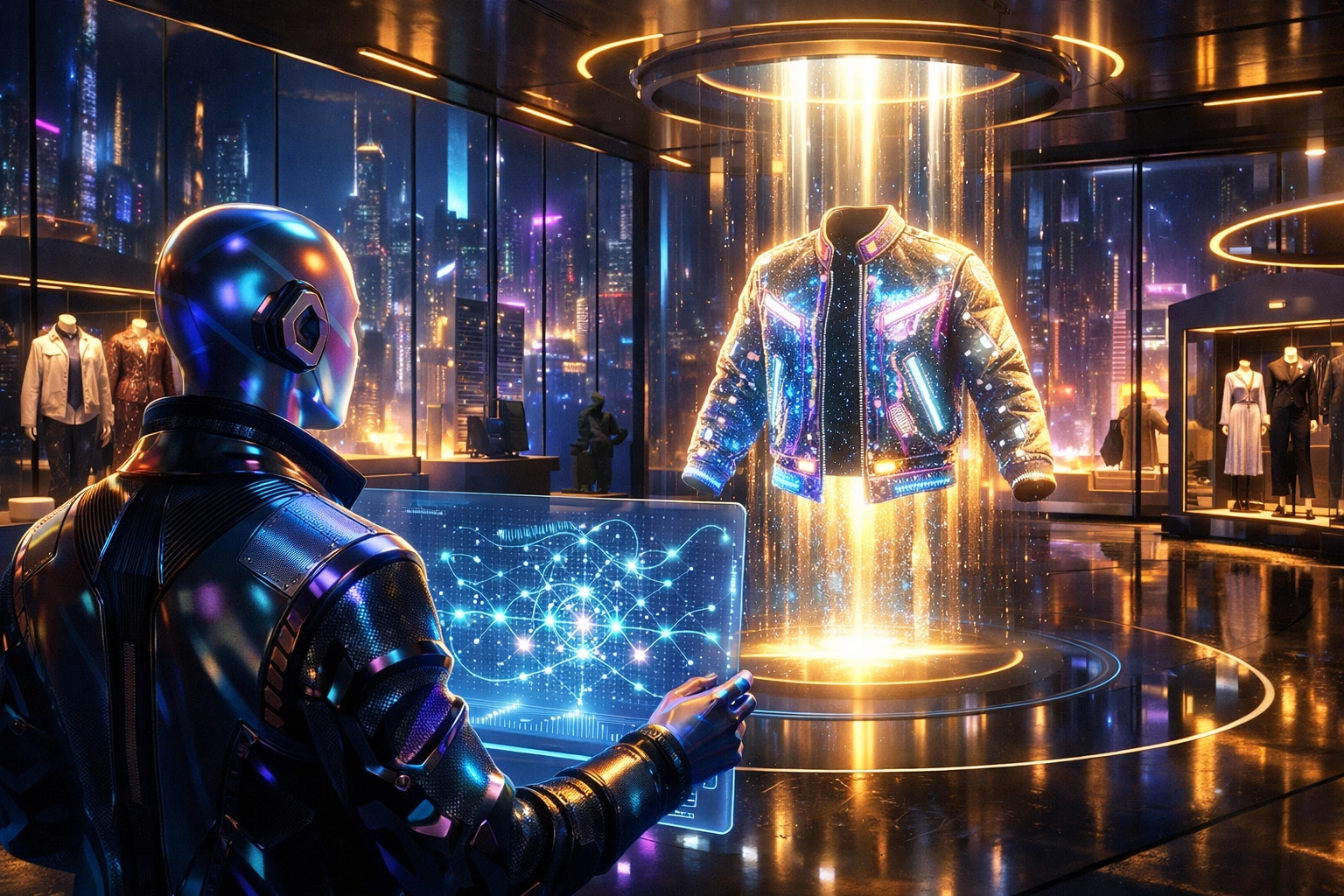 Larecoin.ai virtual assistant helping an avatar shop for digital clothing in a futuristic metaverse boutique.