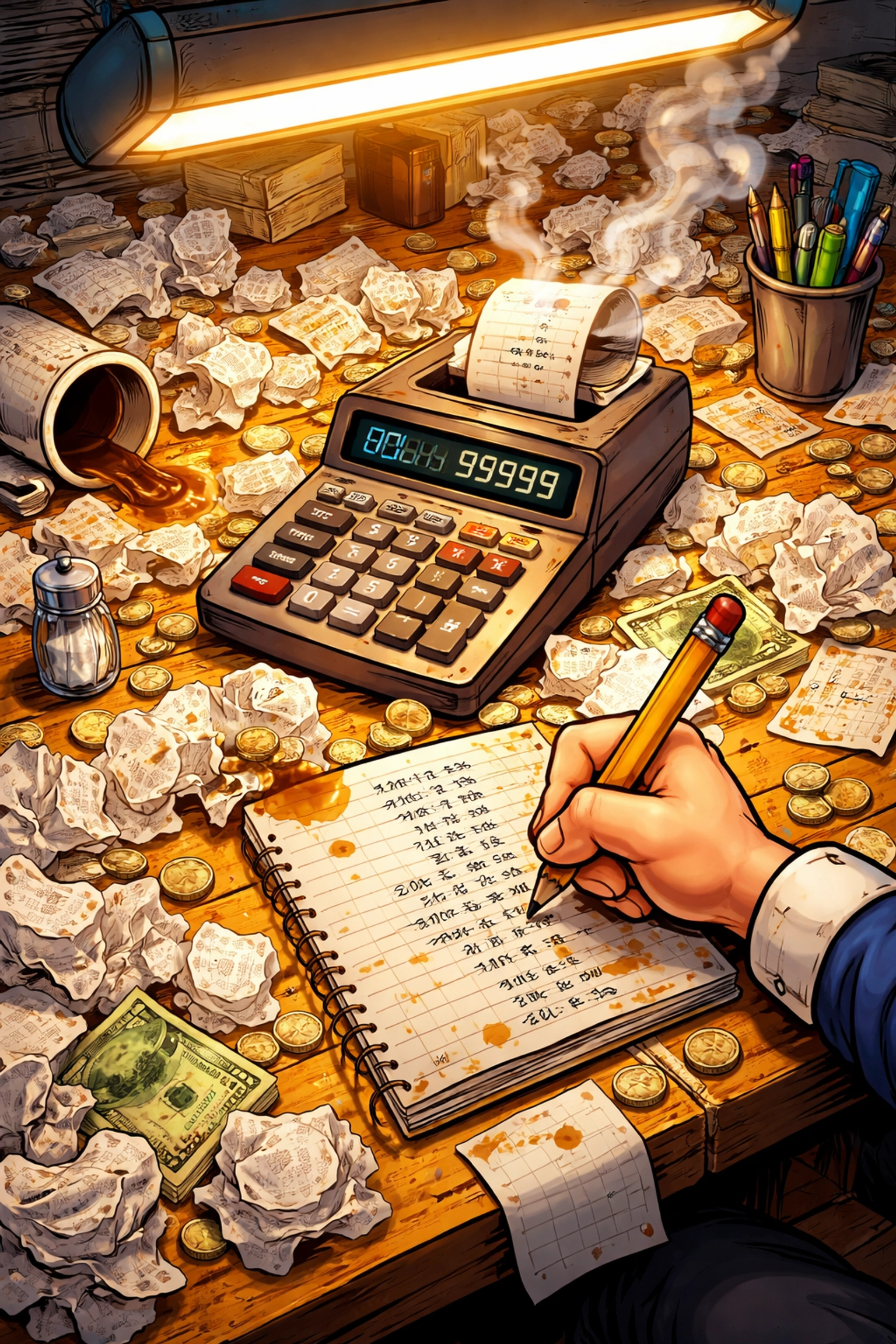 Restaurant manager's cluttered desk overflowing with receipts and coins, illustrating manual tip splitting chaos