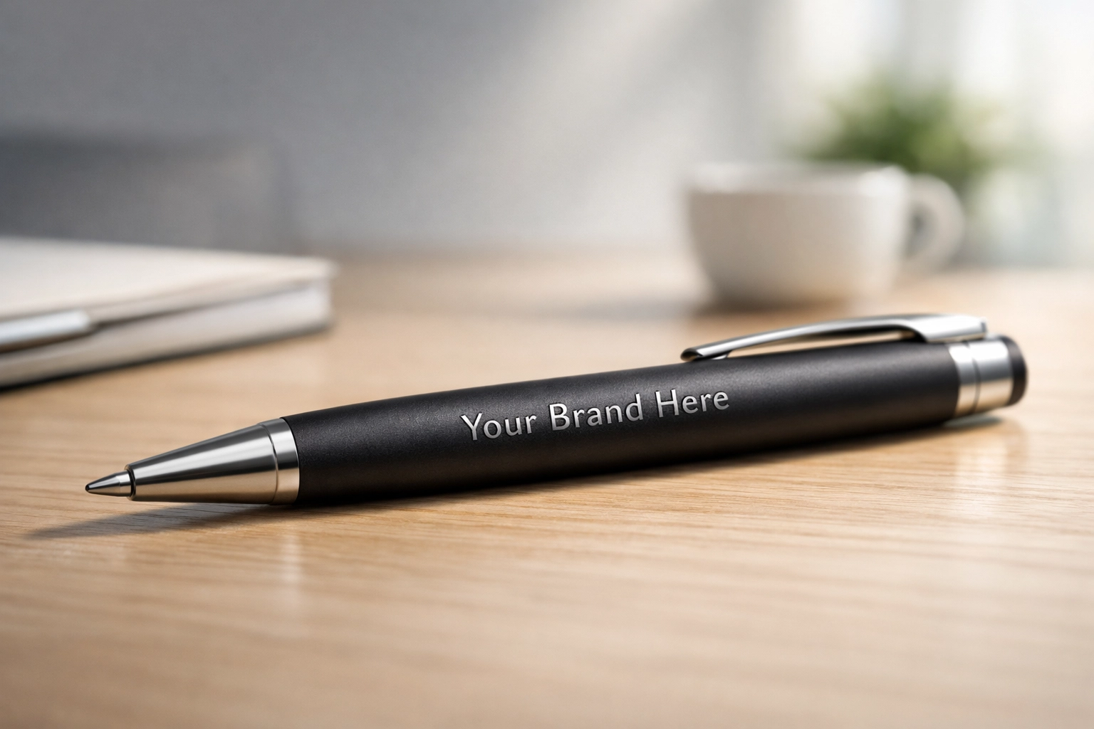 Laser engraved metal pen on a wooden desk showing durable, permanent branding for promotional products.