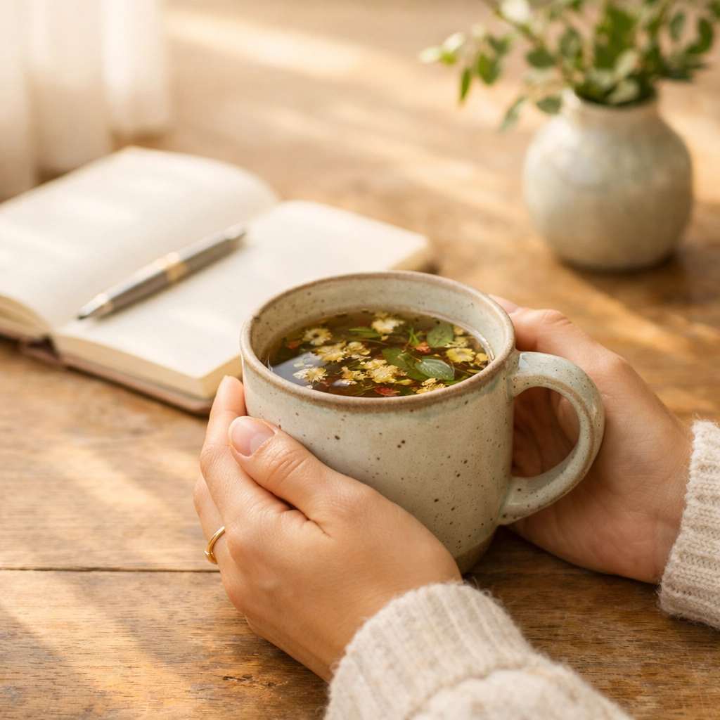Woman's hands holding herbal tea representing self-care and perimenopause wellness journey