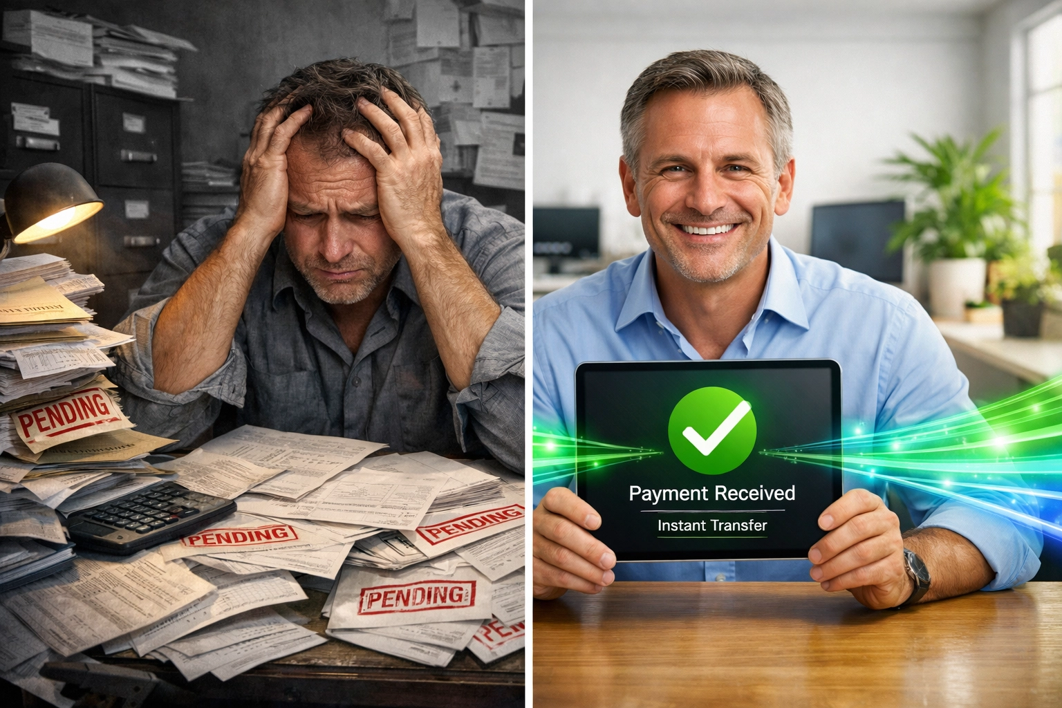 Comparison of slow traditional payment processing versus instant blockchain settlement for merchants