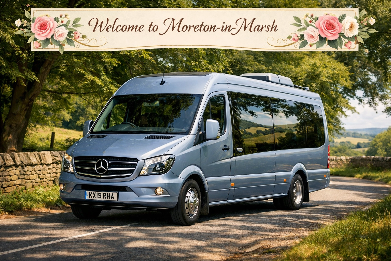 A Shakespeare Coaches silver-blue minibus traveling along a scenic tree-lined road in the Cotswolds countryside.