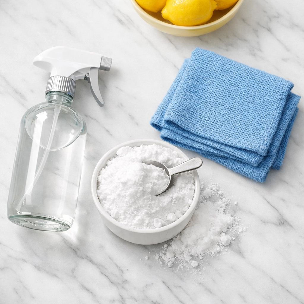Natural upholstery cleaning solutions like vinegar and baking soda on a white countertop.