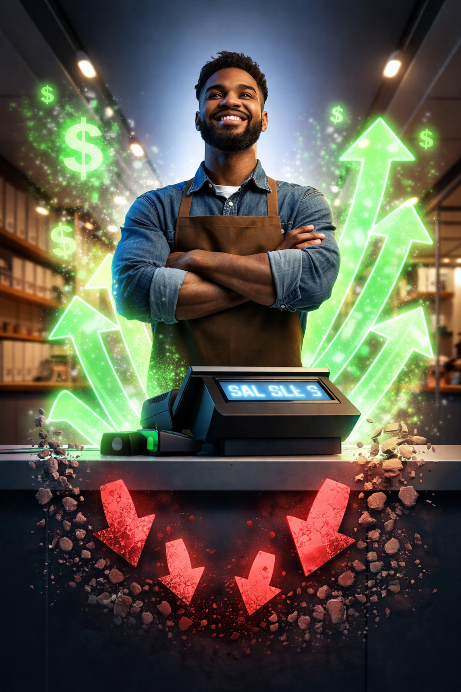 Small business owner at a modern crypto POS terminal celebrating lower fees and greater profit with Larecoin.