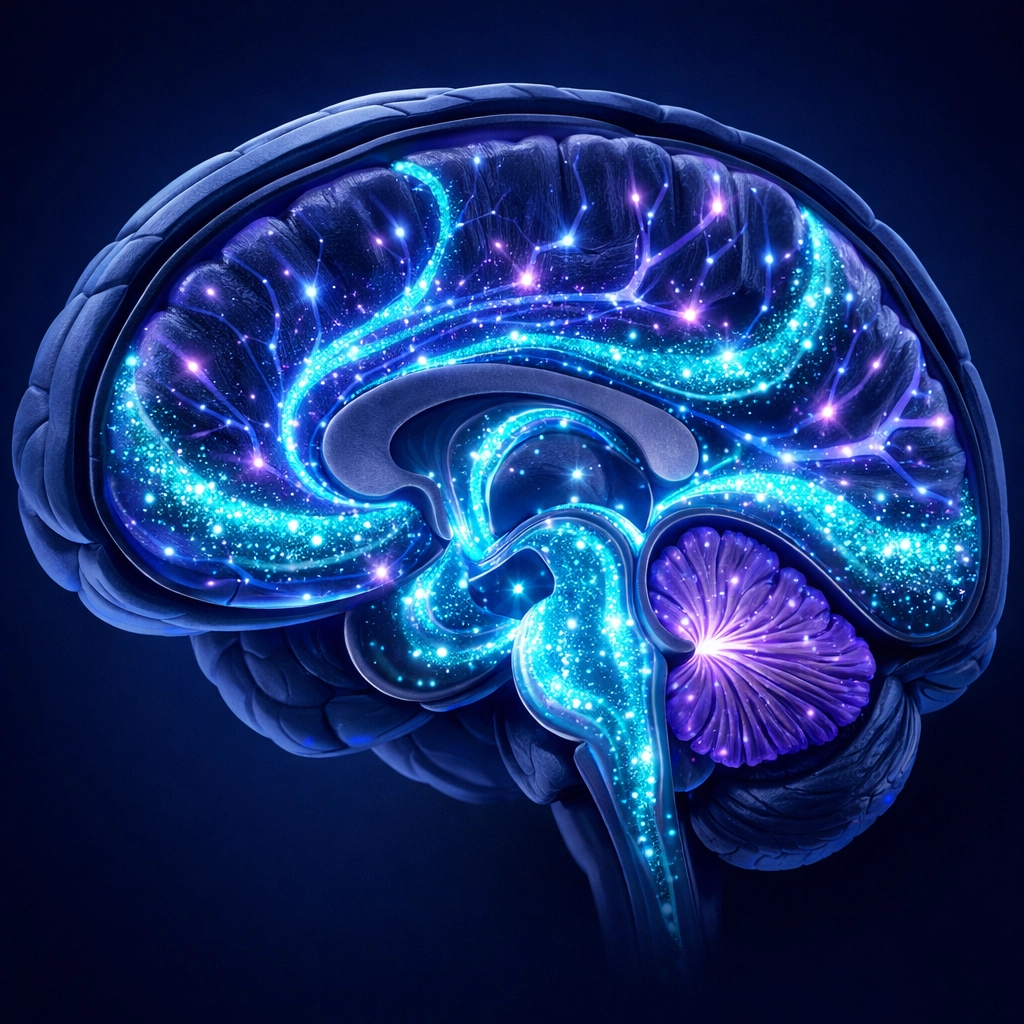 Brain showing active neural pathways and glymphatic system during sleep for cognitive function